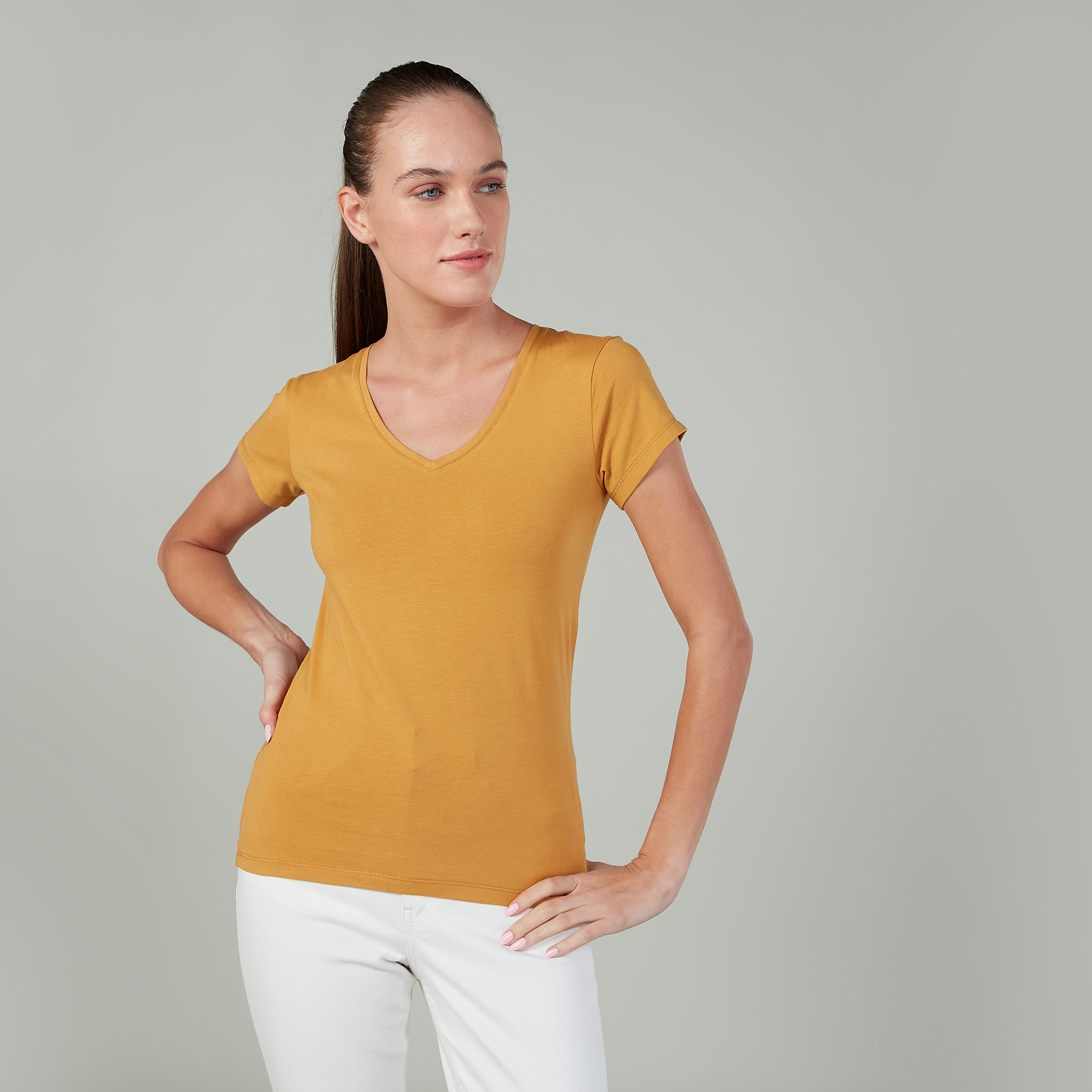 Plain T-shirt with V-neck and Short Sleeves-women-clothing-tshirts-image-1