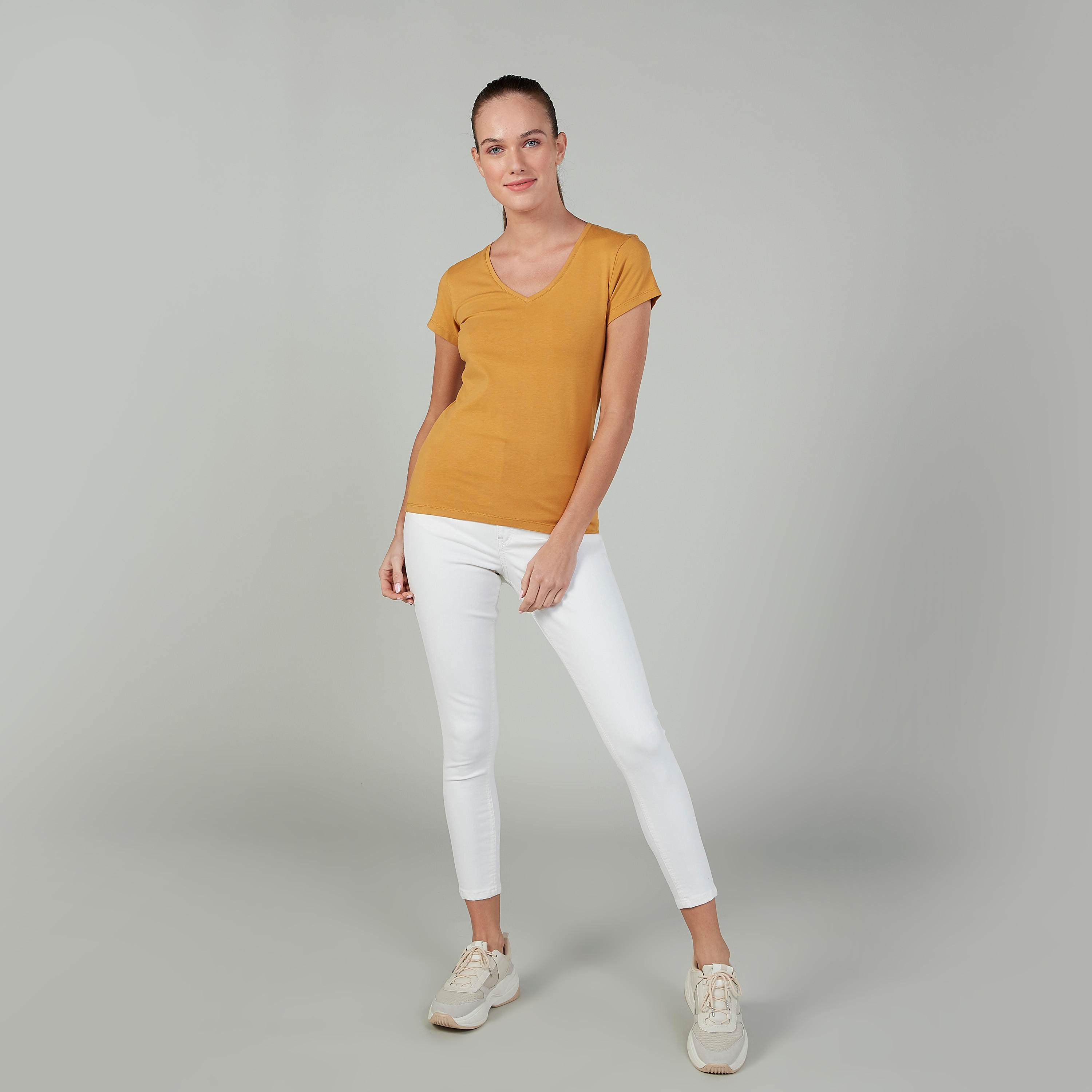 Plain T-shirt with V-neck and Short Sleeves-women-clothing-tshirts-image-2