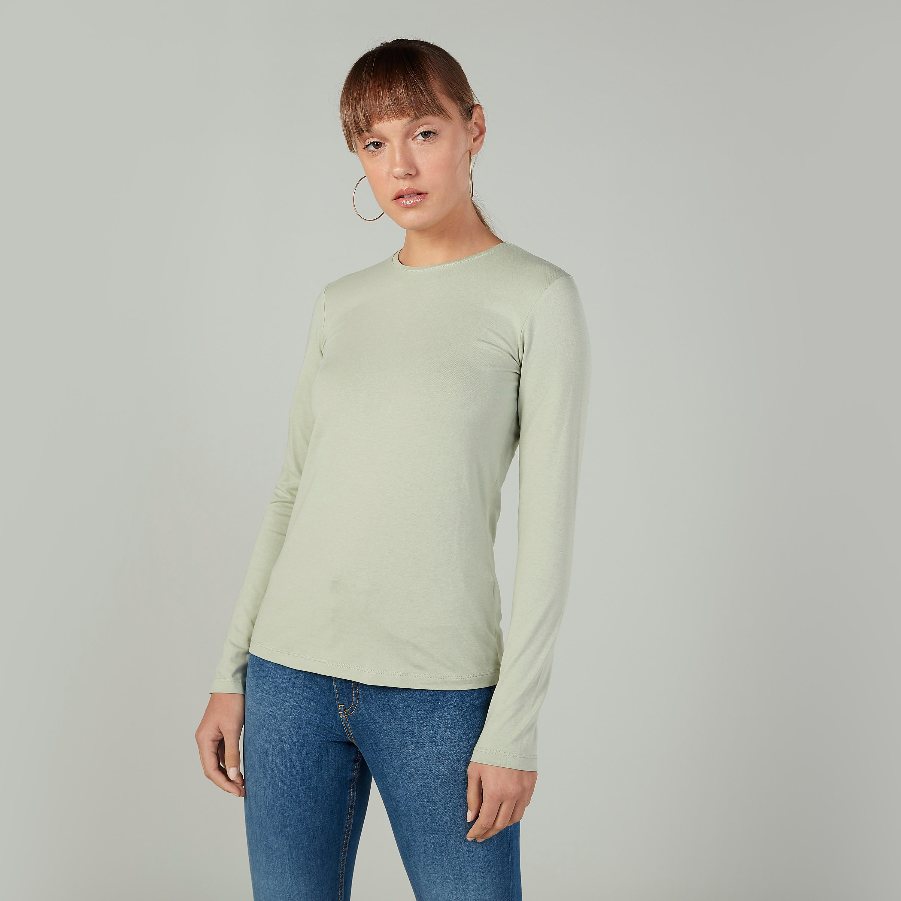 Plain T-shirt with Round Neck and Long Sleeves-women-clothing-tshirts-image-1