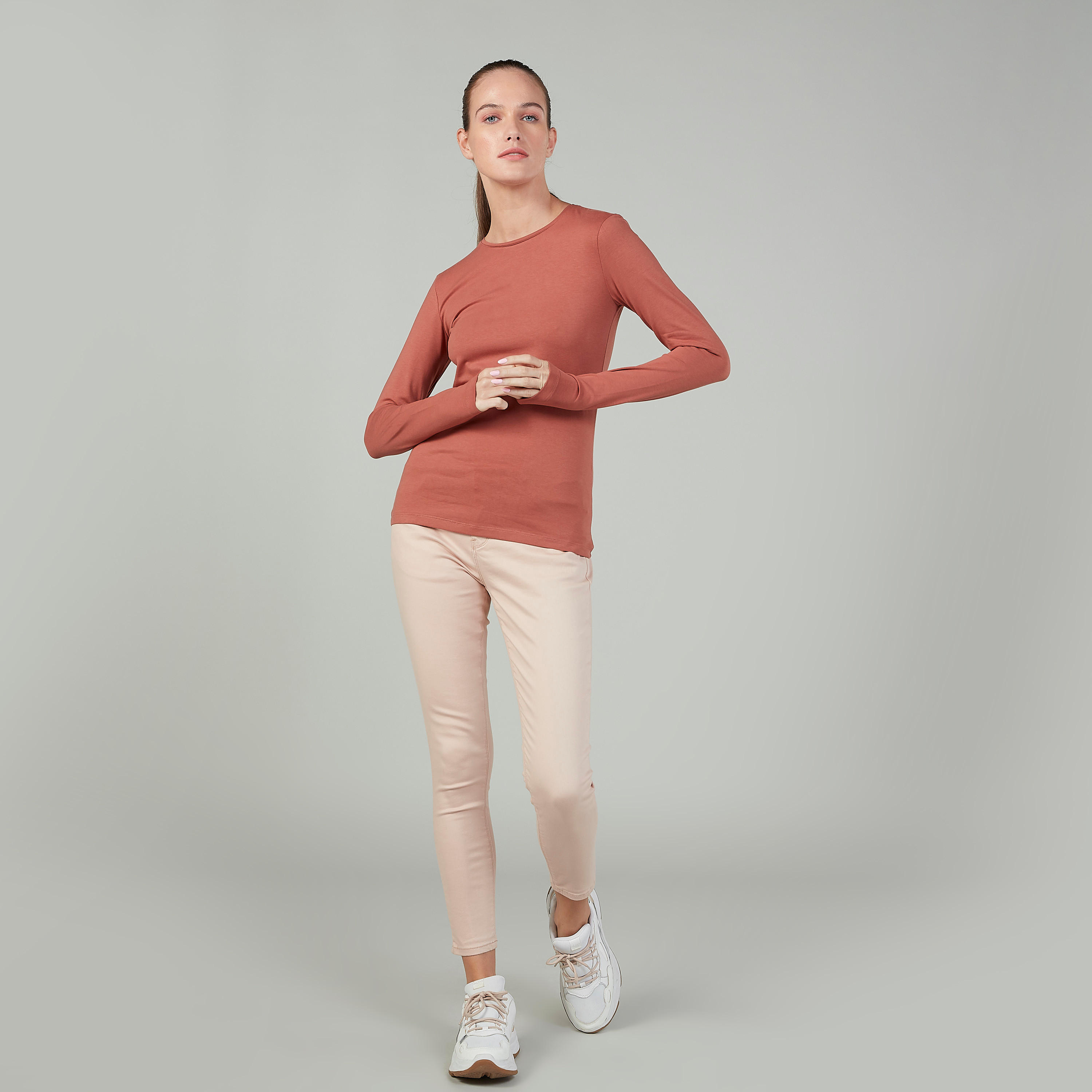 Plain T-shirt with Round Neck and Long Sleeves-women-clothing-tshirts-image-2