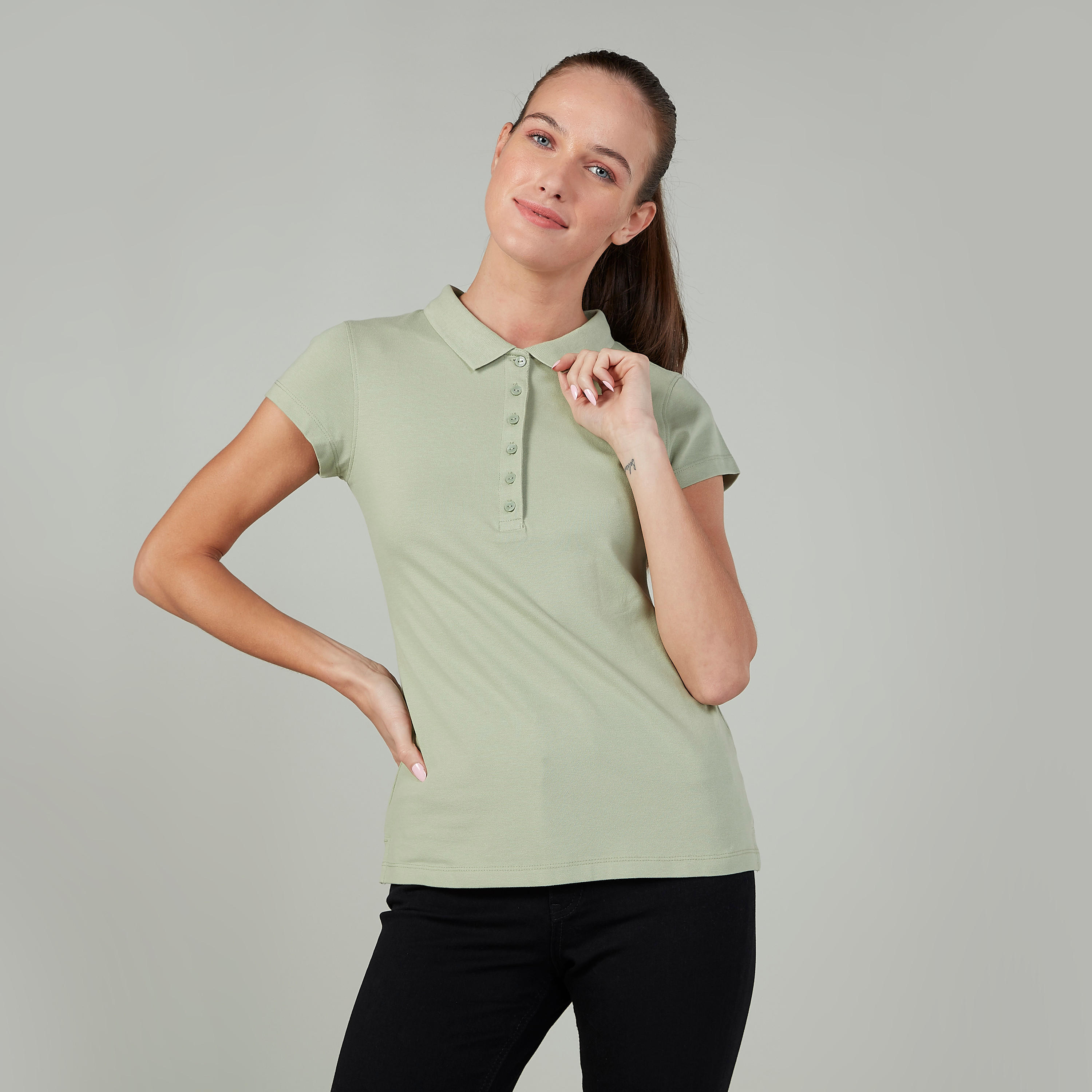 Plain T-shirt with Polo Neck and Cap Sleeves-women-clothing-tshirts-image-1