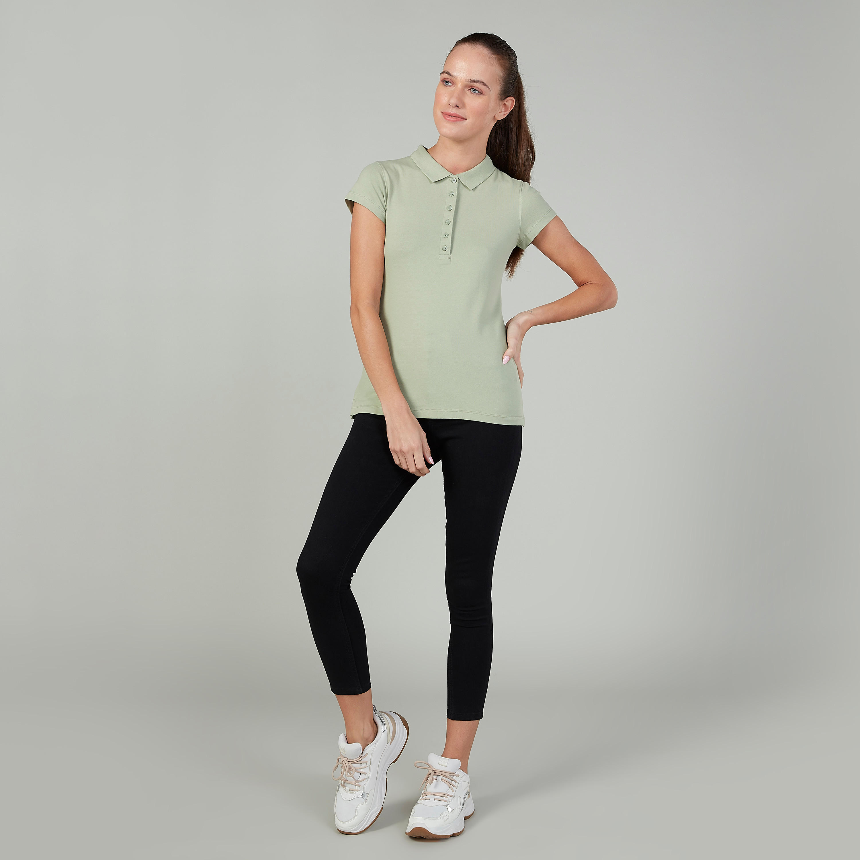 Plain T-shirt with Polo Neck and Cap Sleeves-women-clothing-tshirts-image-2