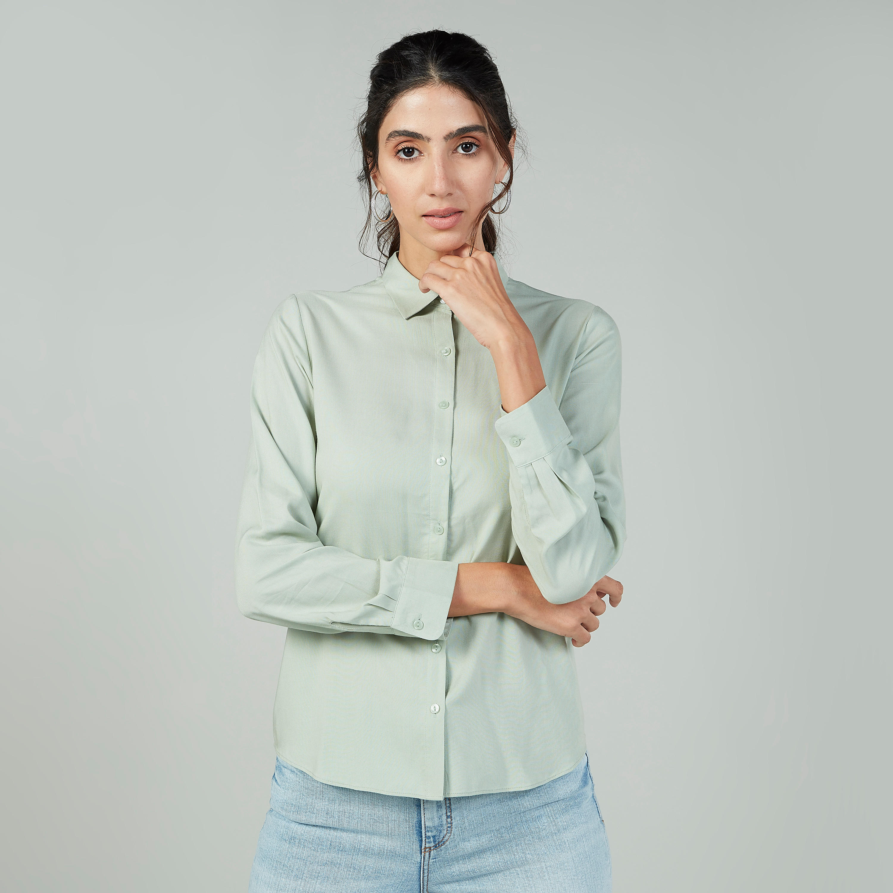 Plain Shirt with Long Sleeves and Spread Collar-women-clothing-shirtsandblouses-shirts-image-1