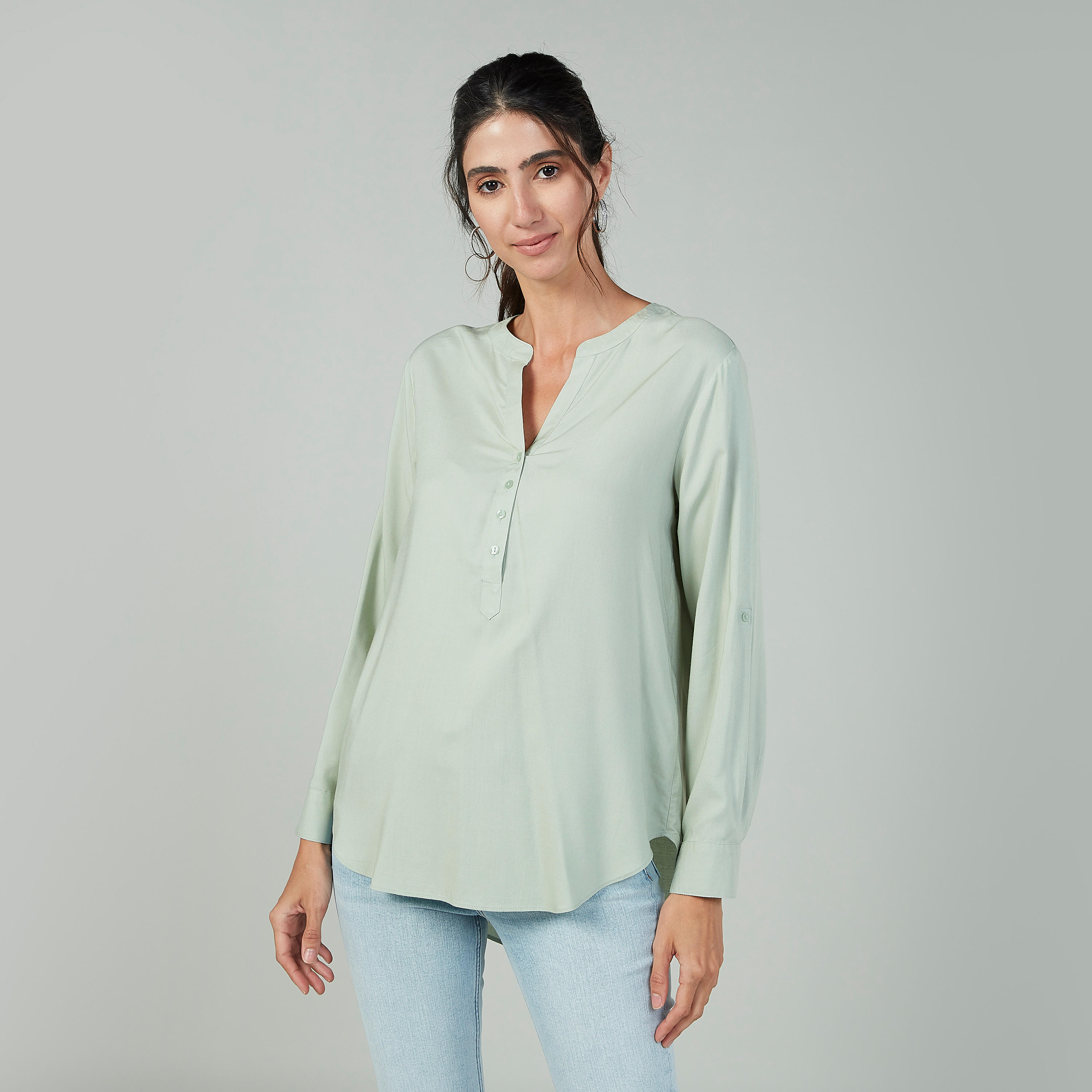 Plain Top with Mandarin Collar and Long Sleeves-women-clothing-shirtsandblouses-blouses-image-1