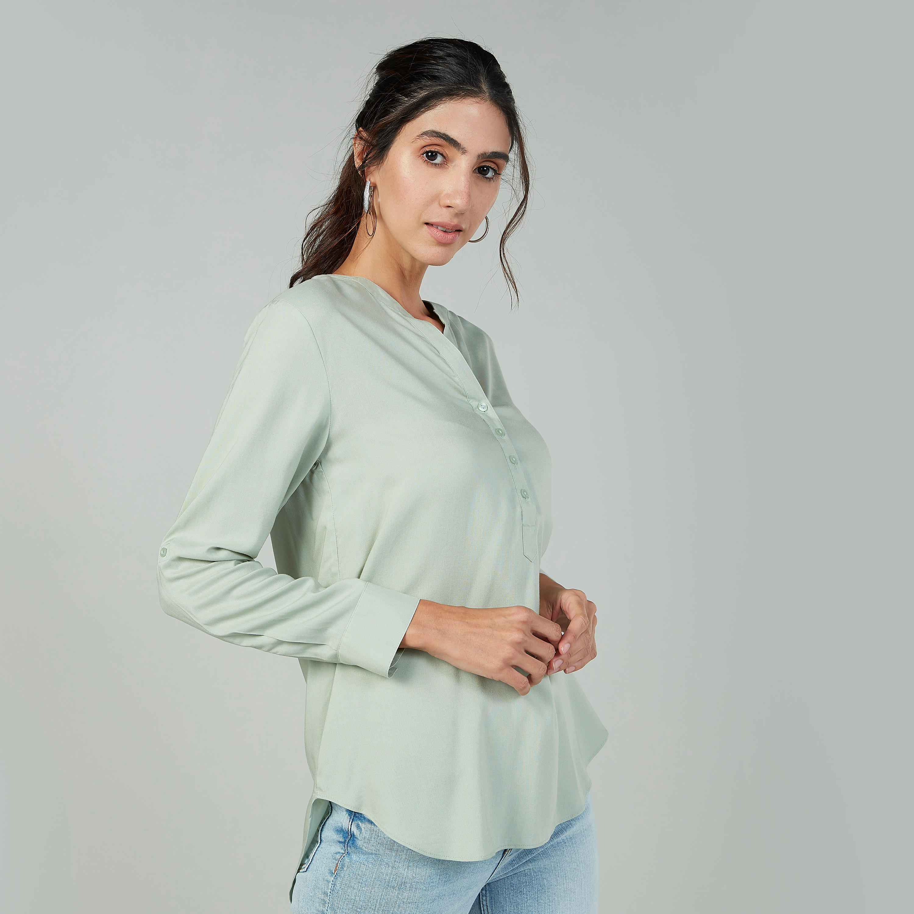 Plain Top with Mandarin Collar and Long Sleeves-women-clothing-shirtsandblouses-blouses-image-3