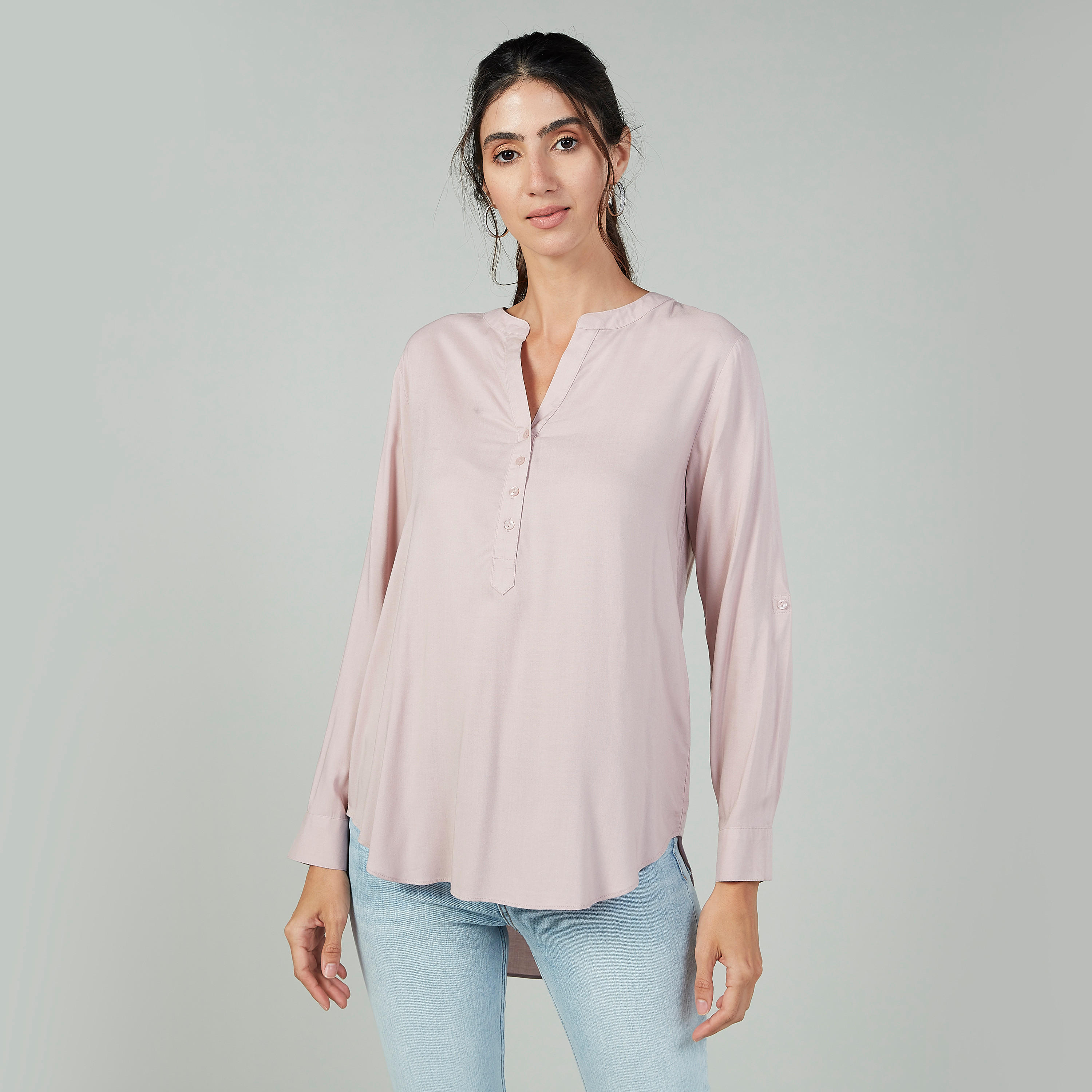 Plain Top with Mandarin Collar and Long Sleeves-women-clothing-shirtsandblouses-blouses-image-1