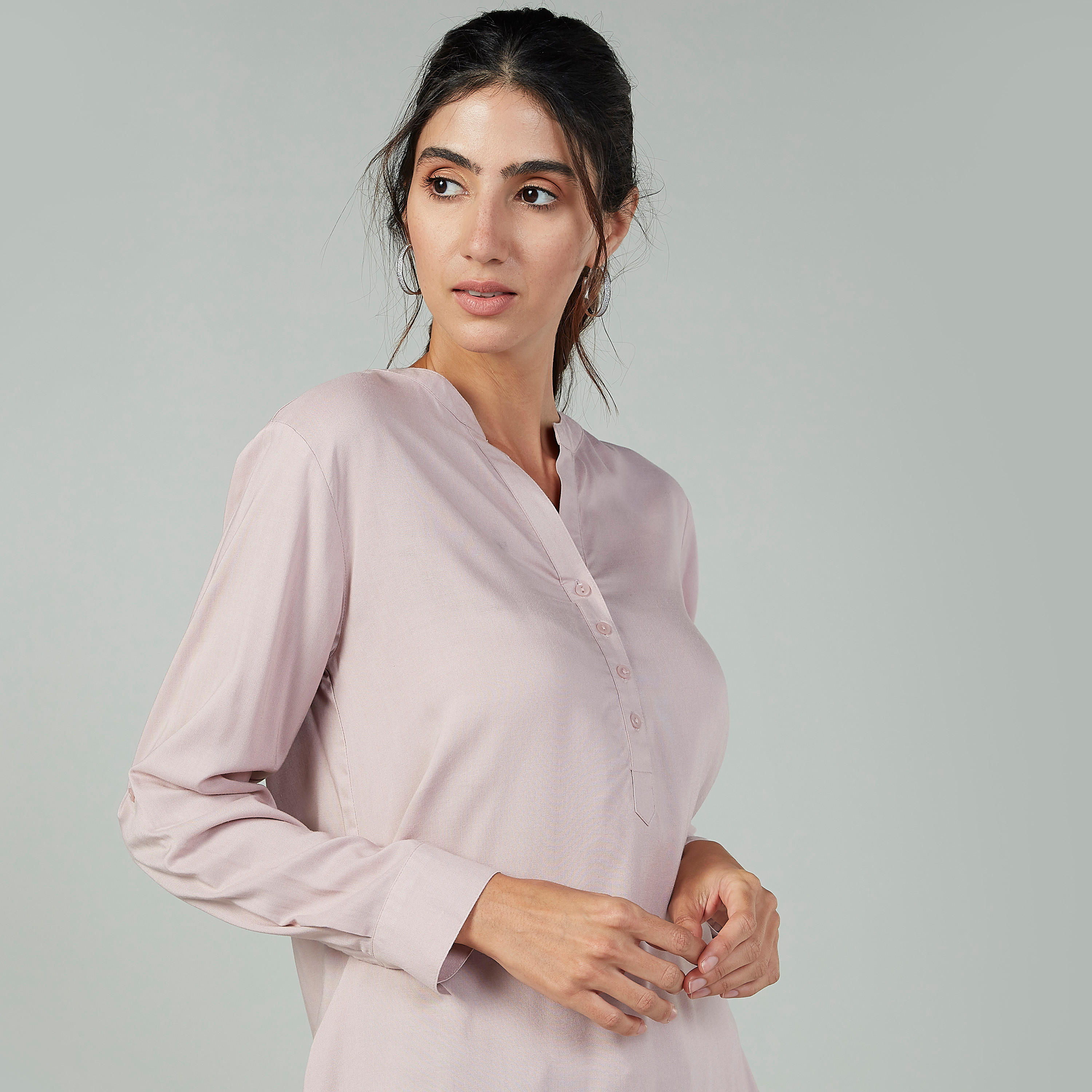 Plain Top with Mandarin Collar and Long Sleeves-women-clothing-shirtsandblouses-blouses-image-3