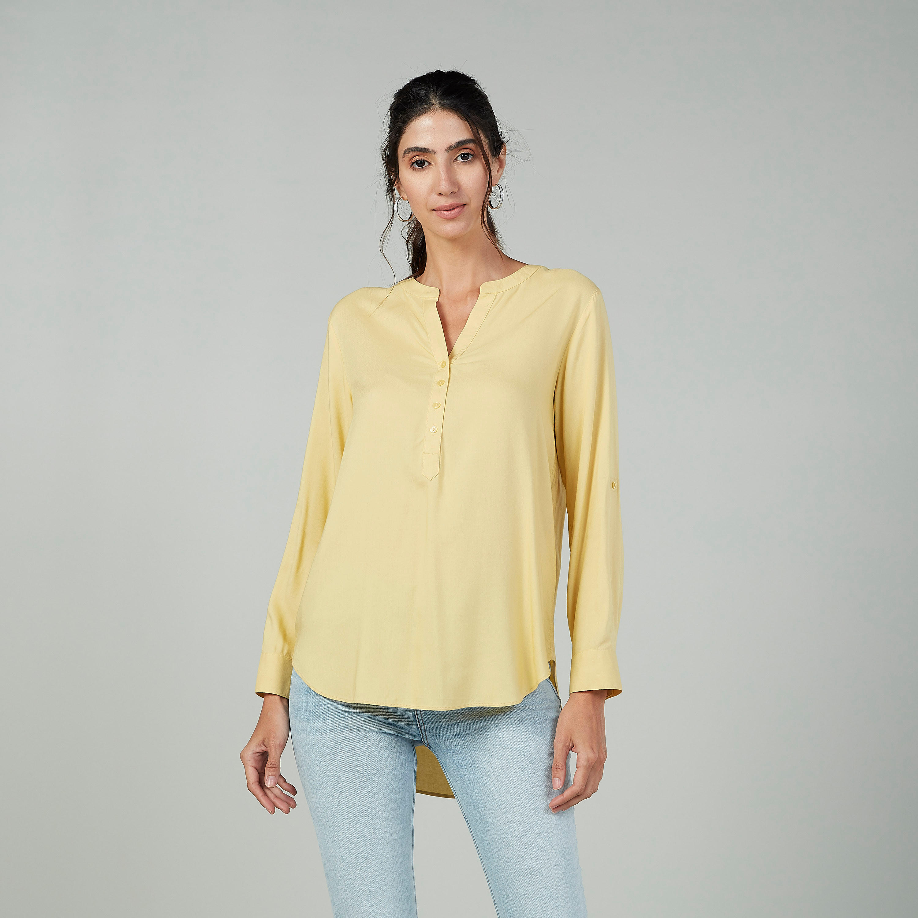 بلوزة سادة بياقة ماندارين وأكمام طويلة-women-clothing-shirtsandblouses-blouses-image-1