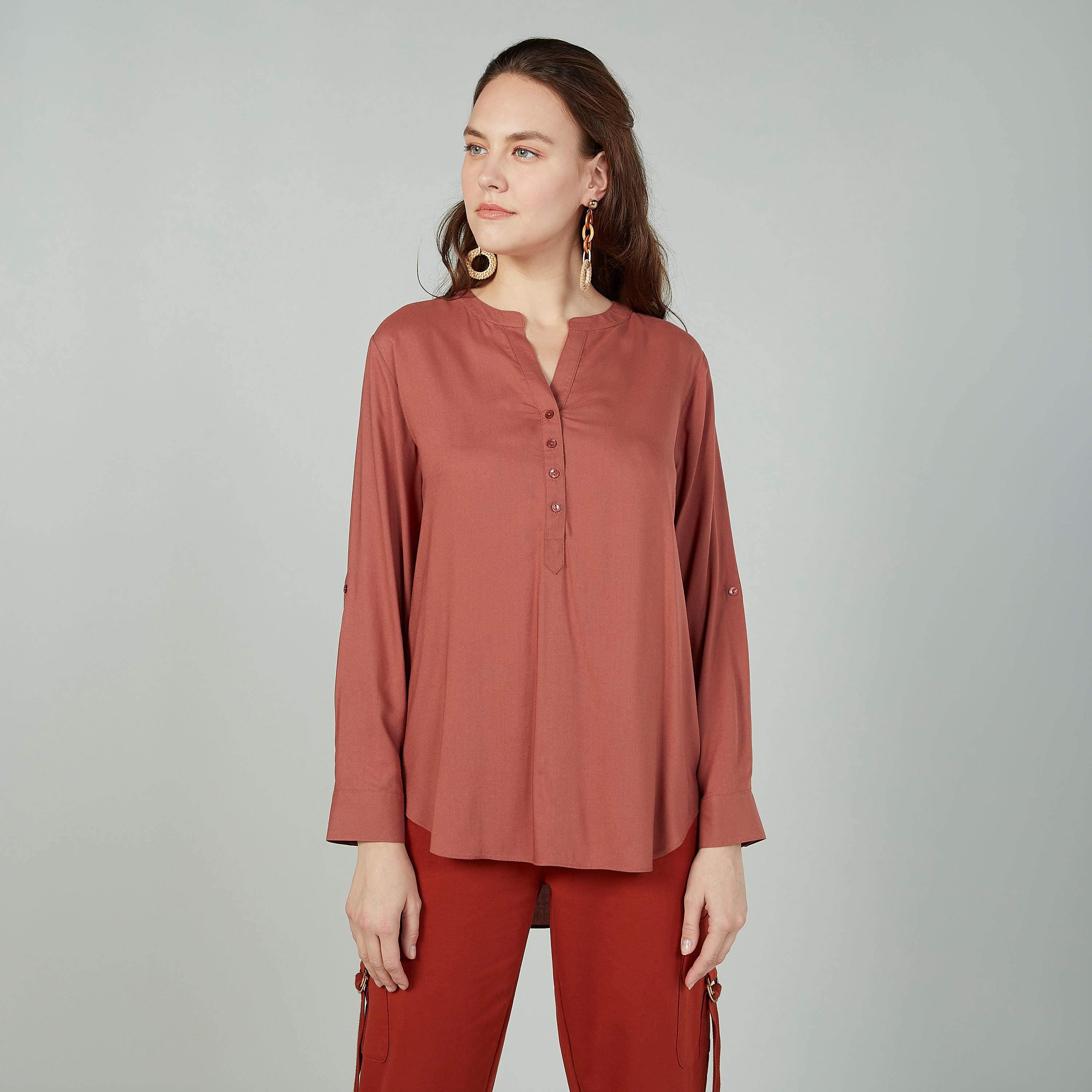 Plain Top with V-neck and Long Sleeves-women-clothing-shirtsandblouses-blouses-image-1