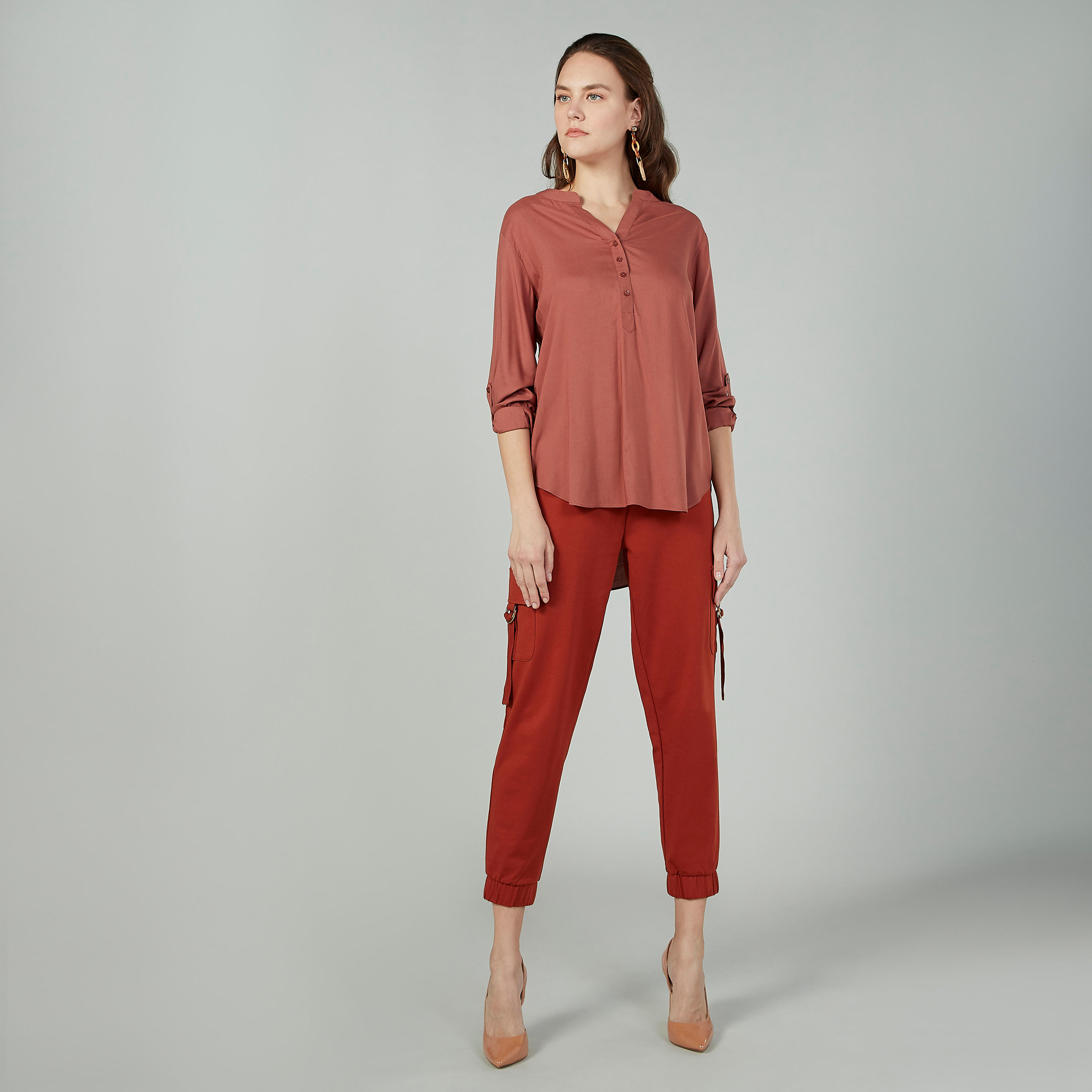 Plain Top with V-neck and Long Sleeves-women-clothing-shirtsandblouses-blouses-image-2