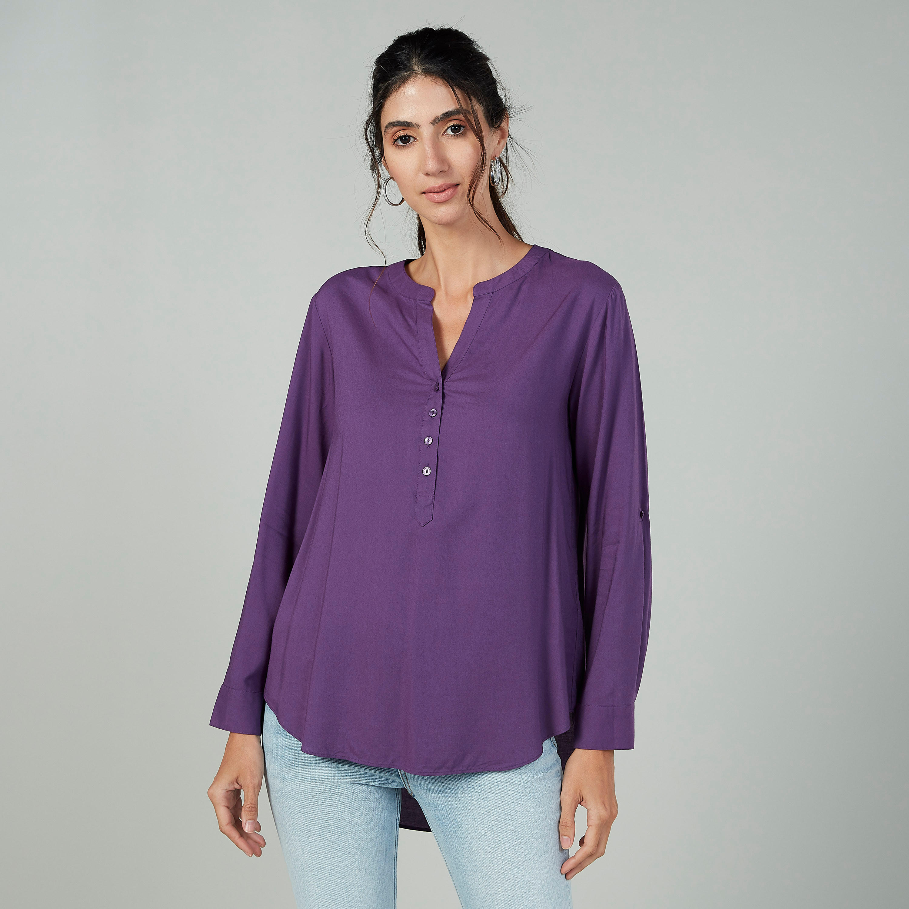 Plain Top with Mandarin Collar and Long Sleeves-women-clothing-shirtsandblouses-blouses-image-1