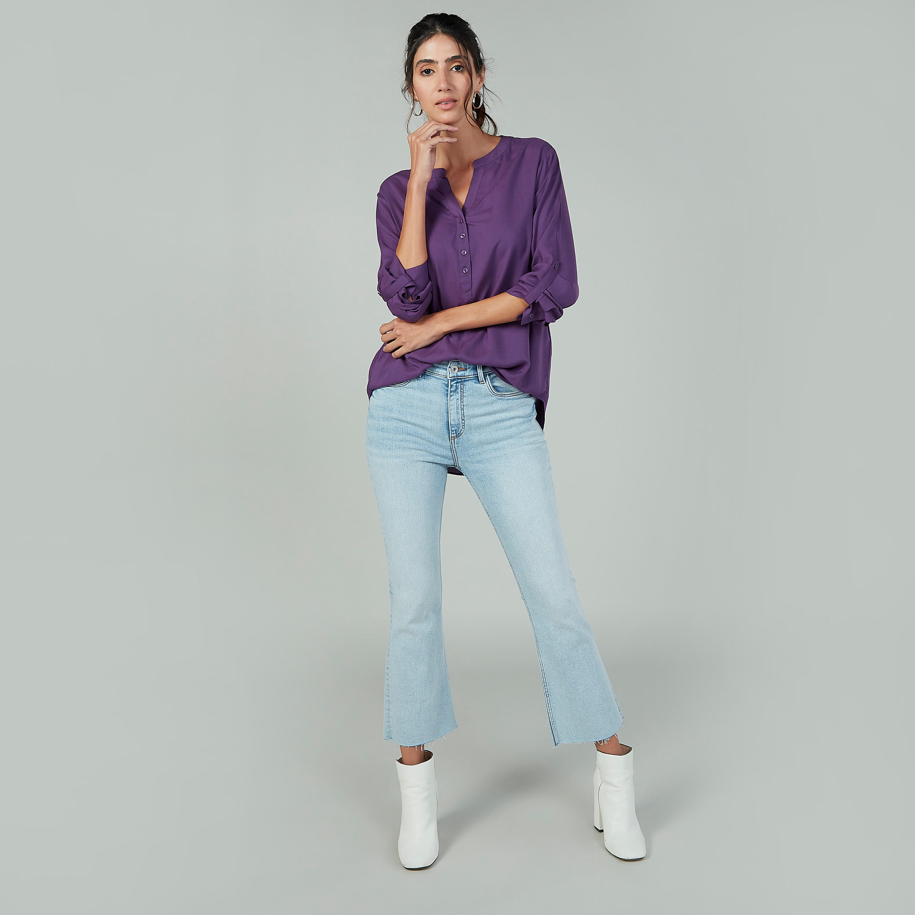 Plain Top with Mandarin Collar and Long Sleeves-women-clothing-shirtsandblouses-blouses-image-2