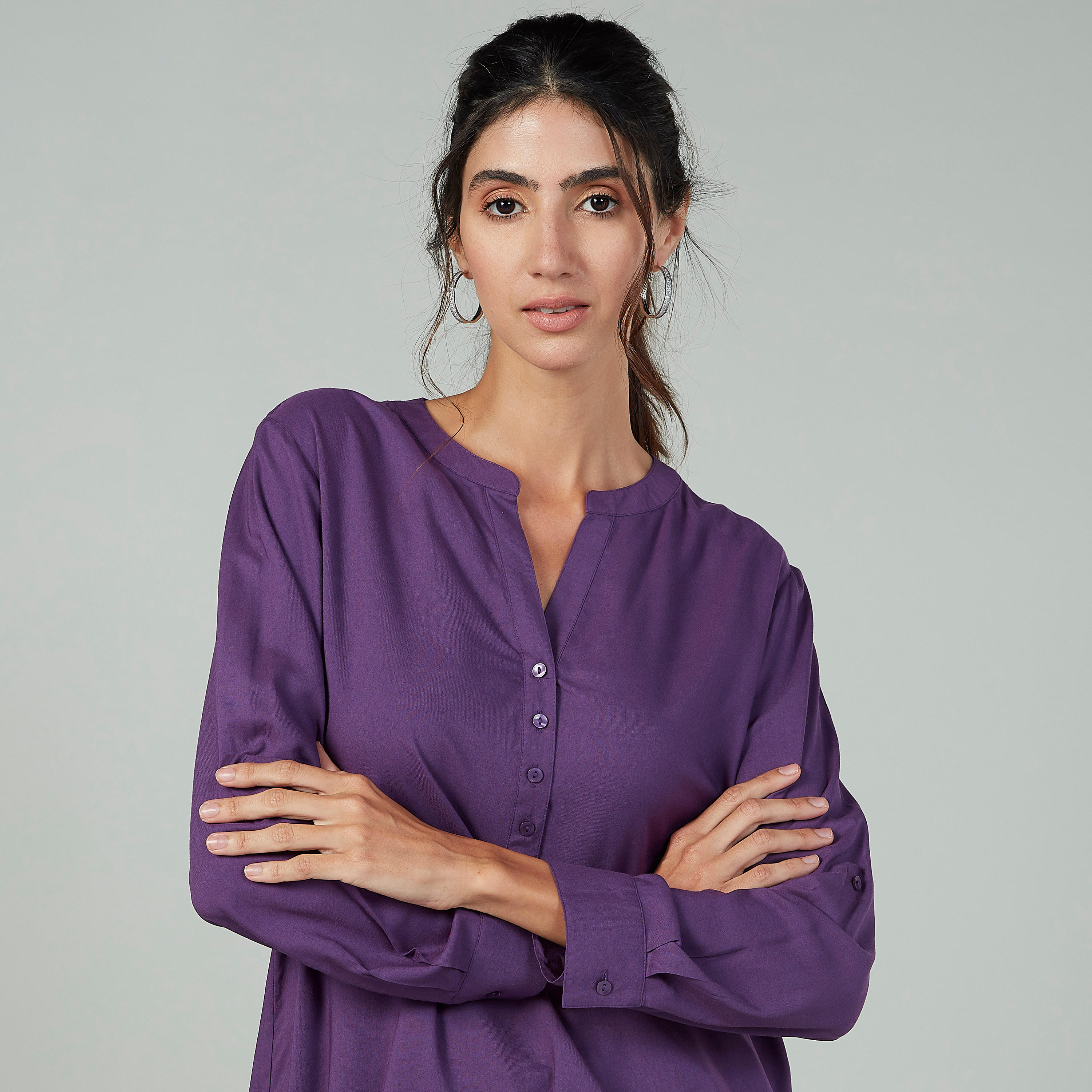 Plain Top with Mandarin Collar and Long Sleeves-women-clothing-shirtsandblouses-blouses-image-3
