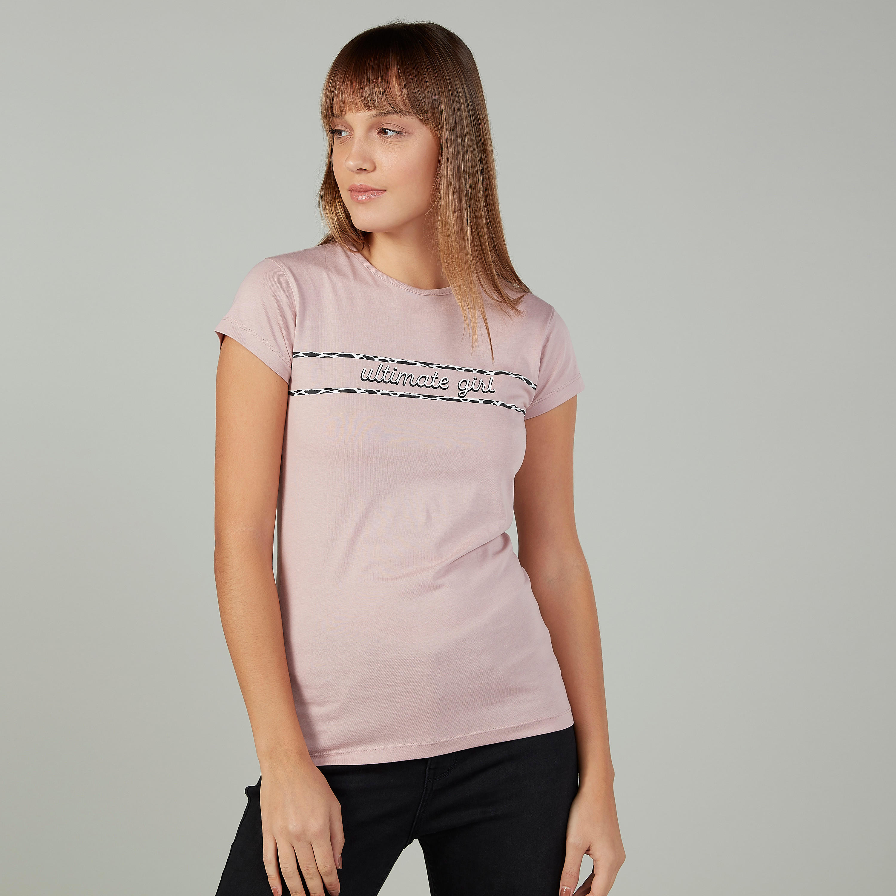 Slim Fit Printed T-shirt with Crew Neck and Cap Sleeves-women-clothing-tshirts-image-1