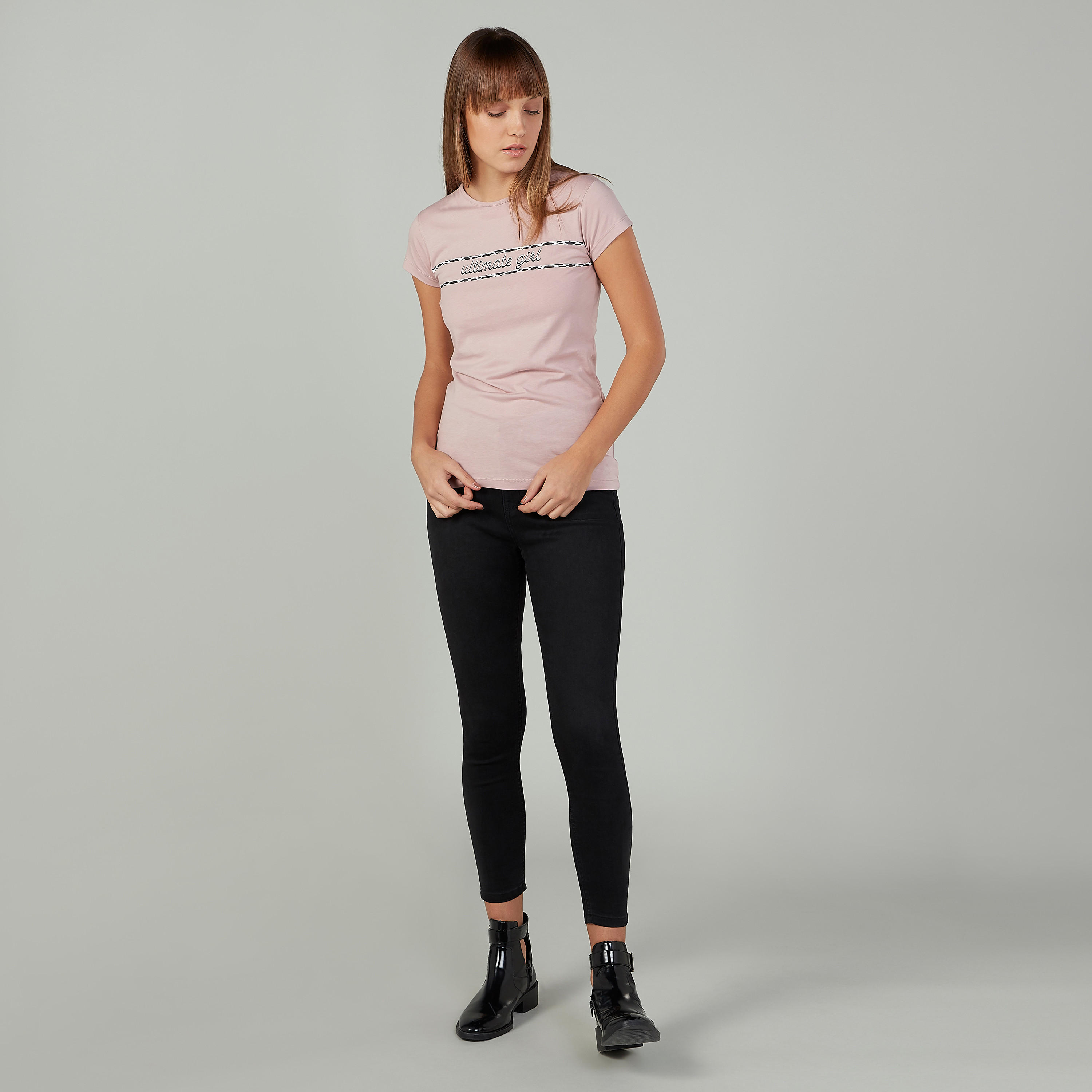 Slim Fit Printed T-shirt with Crew Neck and Cap Sleeves-women-clothing-tshirts-image-2