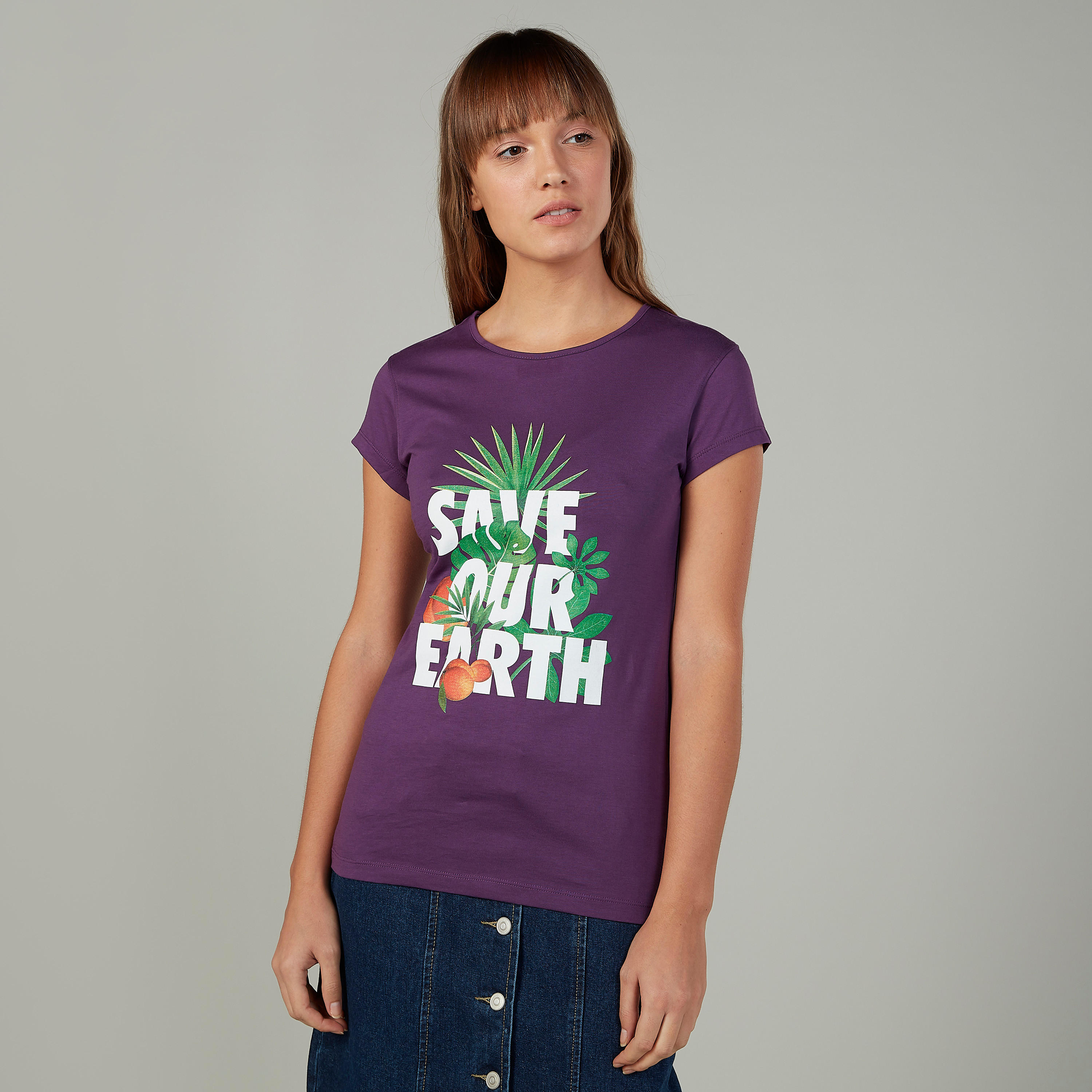 تيشيرت سليم بياقة مستديرة وأكمام كاب وطبعات-women-clothing-tshirts-image-1