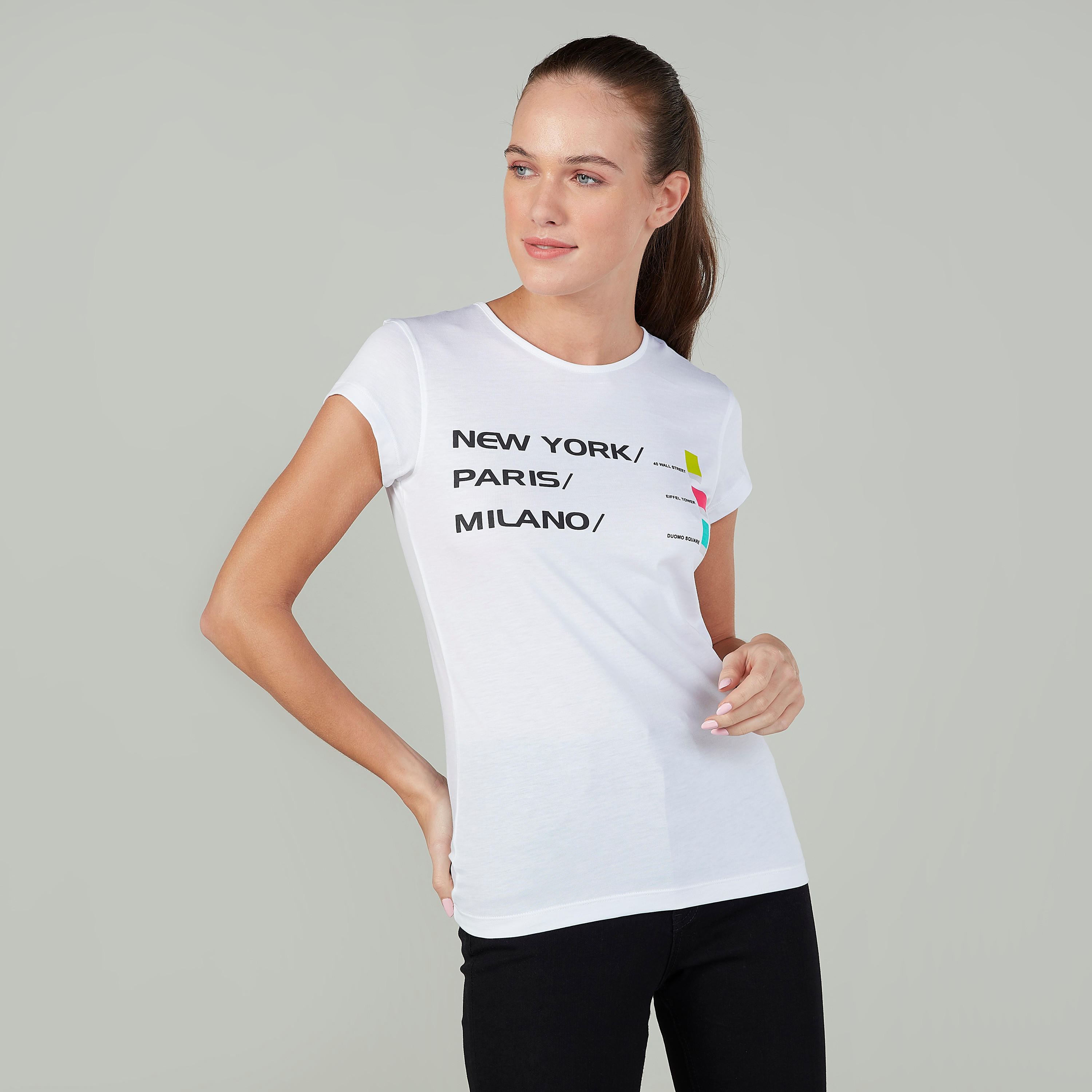 Slim Fit Printed T-shirt with Round Neck and Cap Sleeves-women-clothing-tshirts-image-1