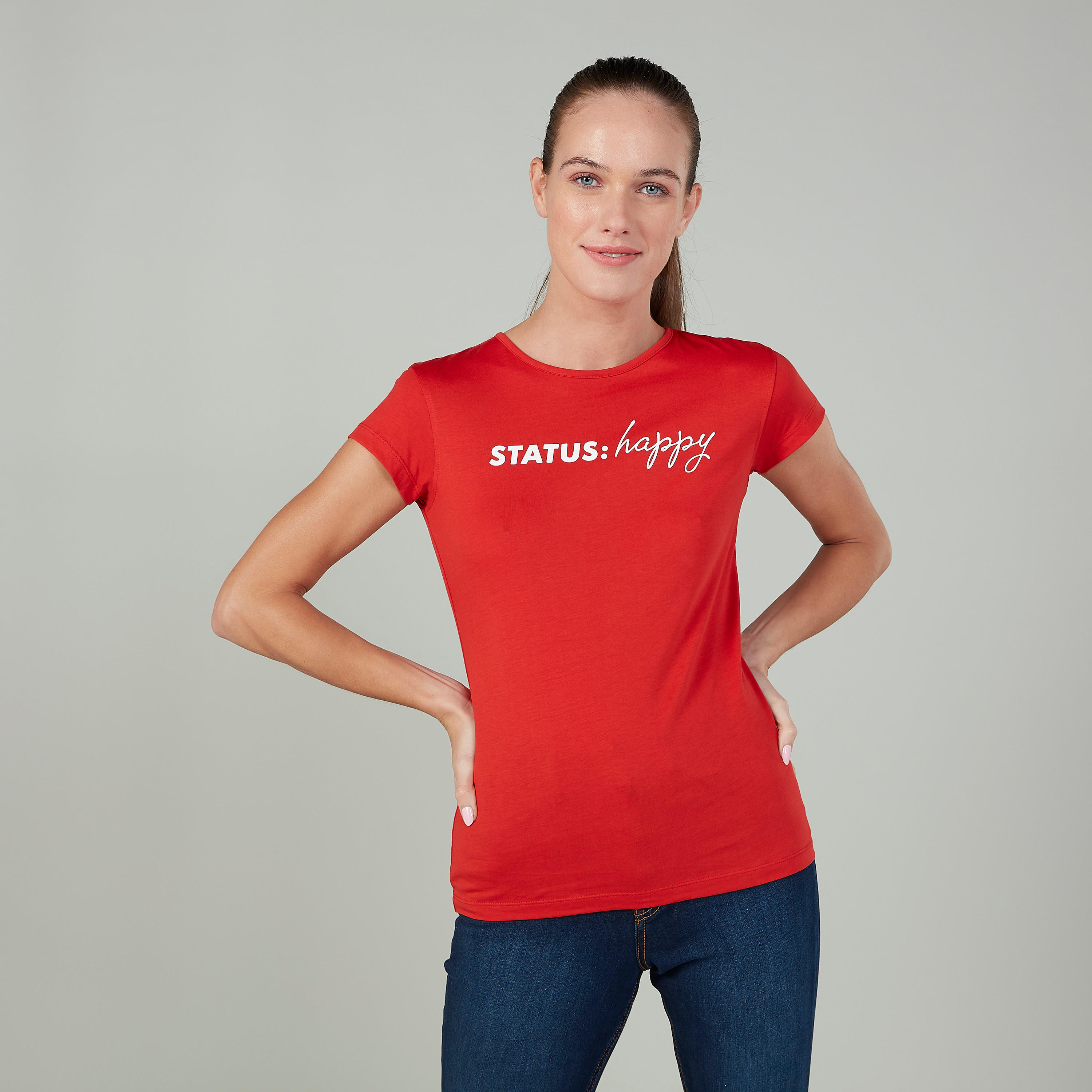 تيشيرت سليم بياقة مستديرة وأكمام كاب وطبعات-women-clothing-tshirts-image-1