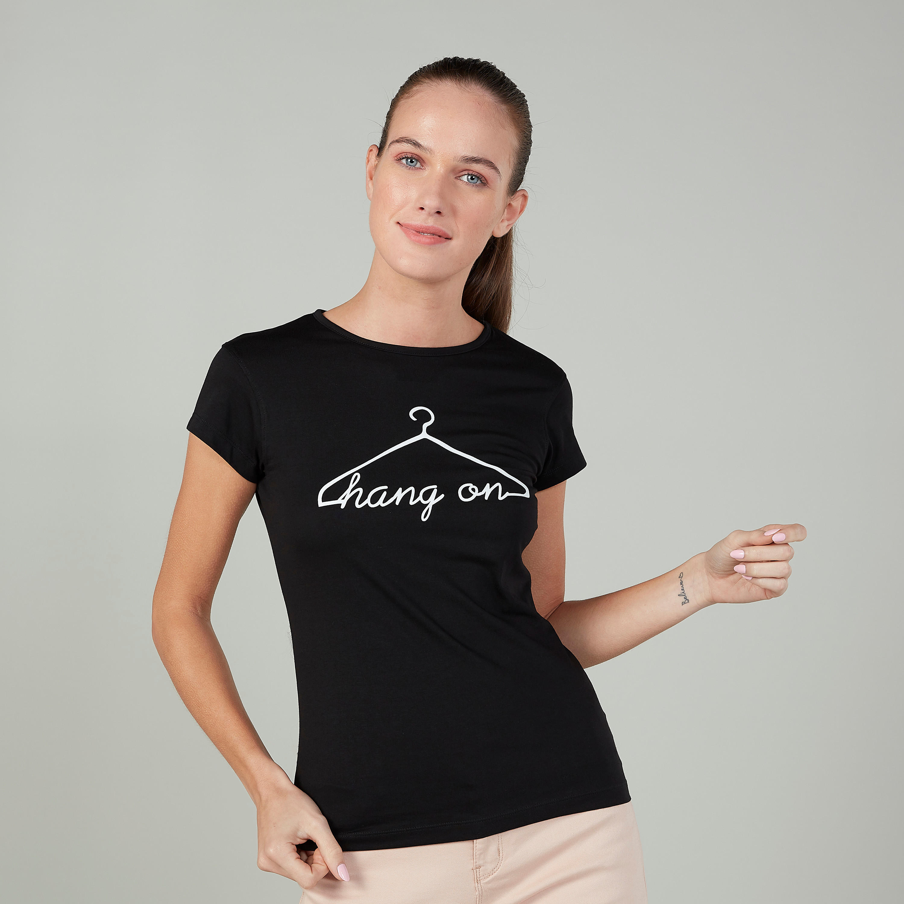 Slim Fit Printed T-shirt with Round Neck and Cap Sleeves-women-clothing-tshirts-image-1