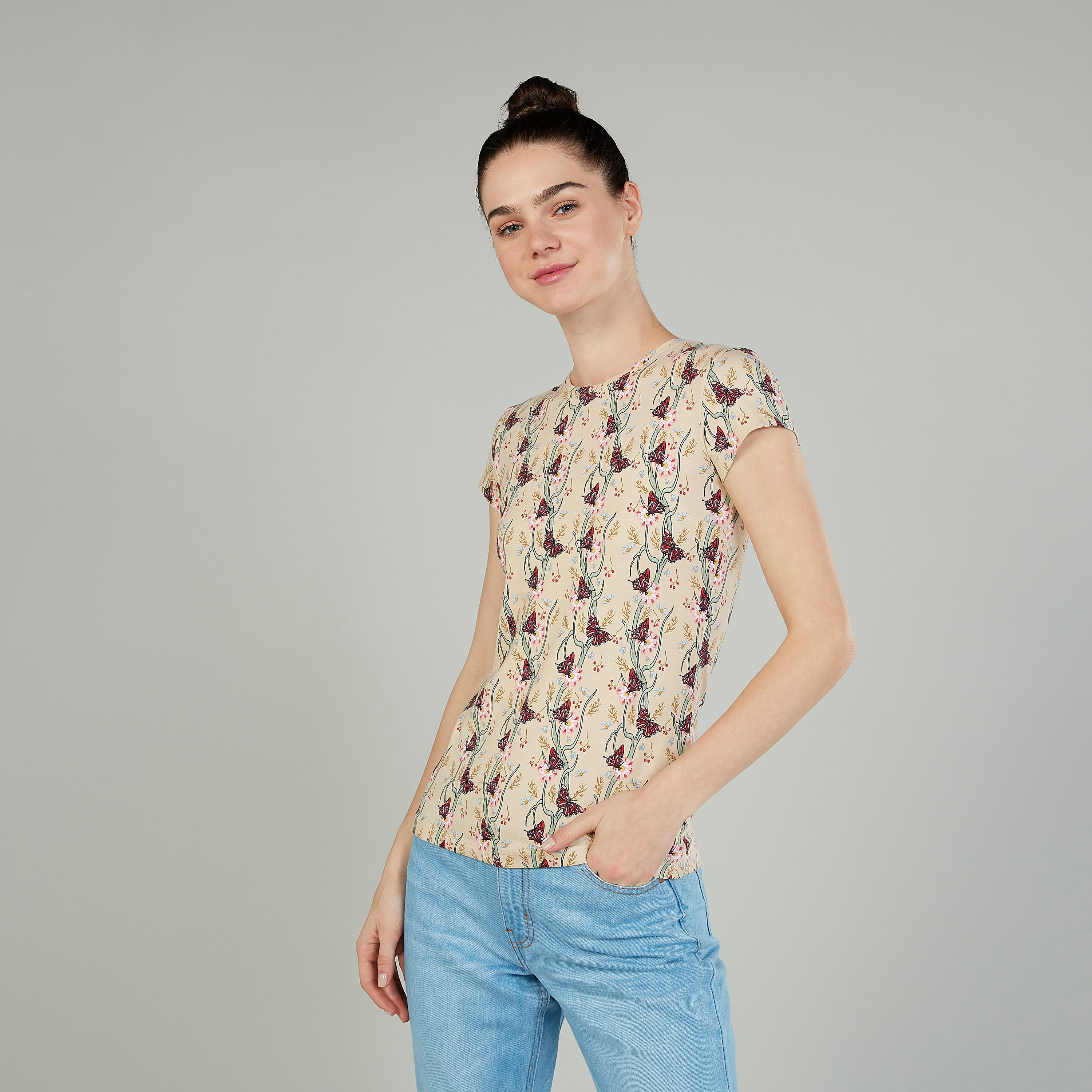 Printed T-shirt with Round Neck and Short Sleeves-women-clothing-tshirts-image-1