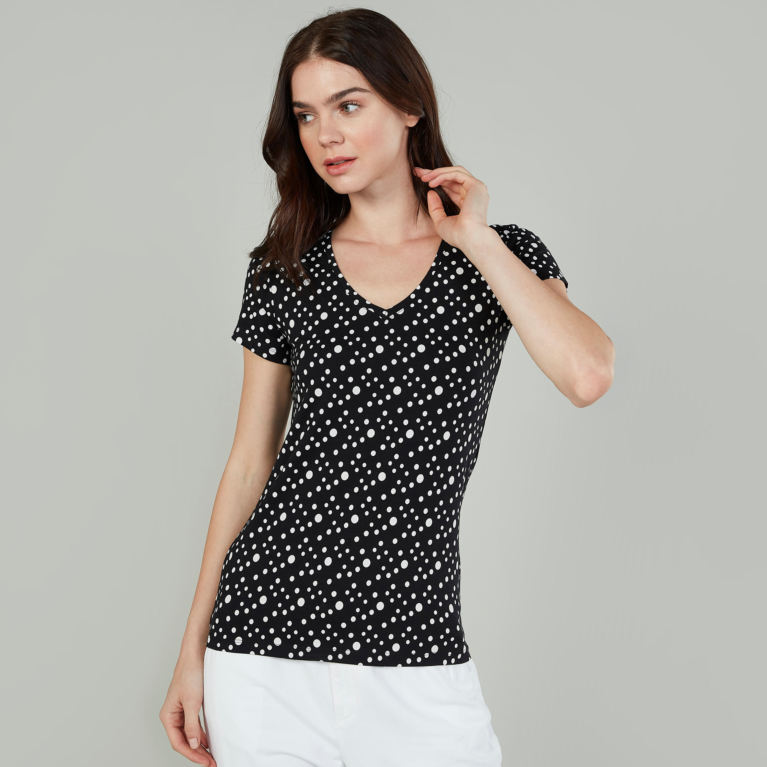 Printed T-shirt with V-neck and Short Sleeves-women-clothing-tshirts-image-1