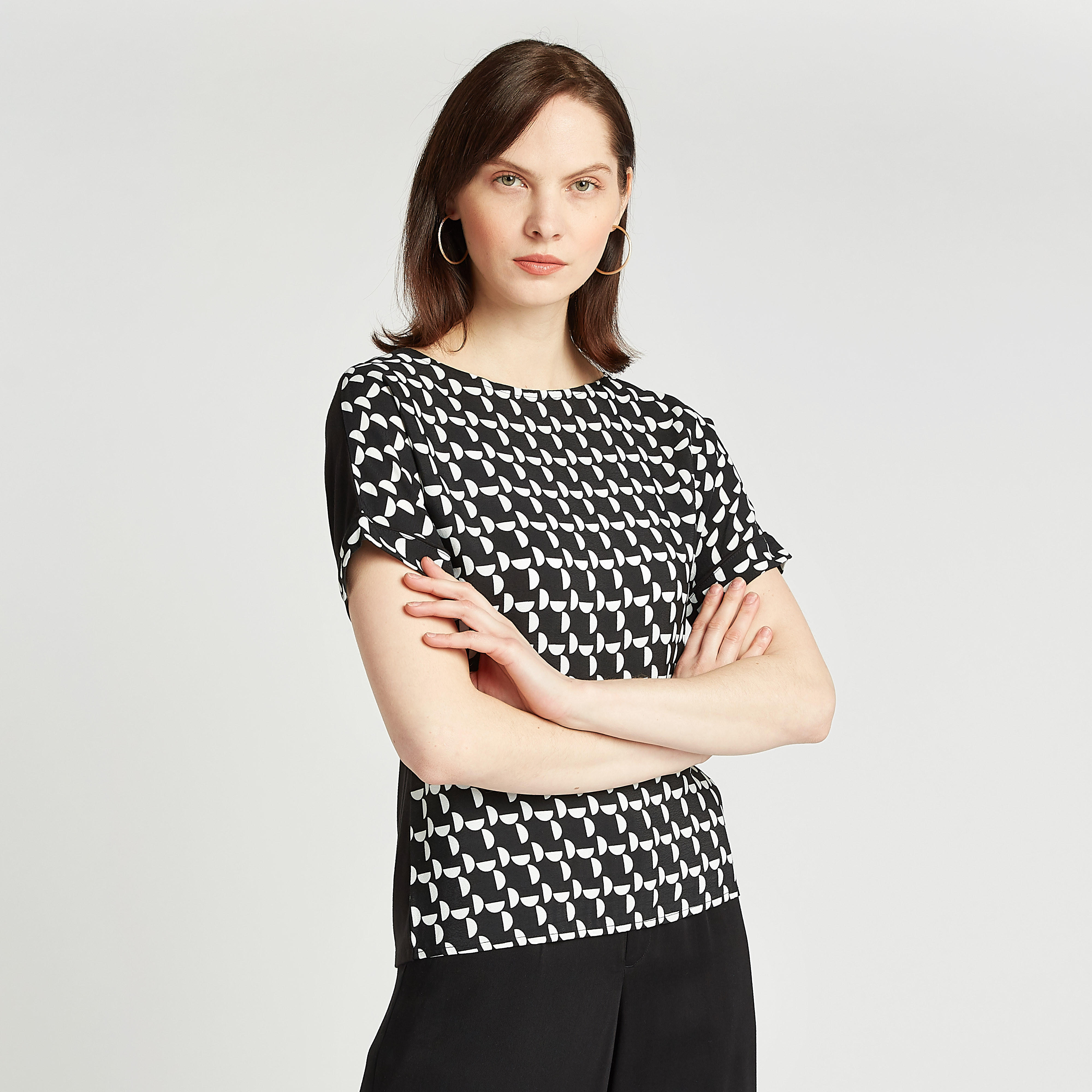 Slim Fit Printed Top with Boat Neck and Short Sleeves-women-clothing-shirtsandblouses-blouses-image-1