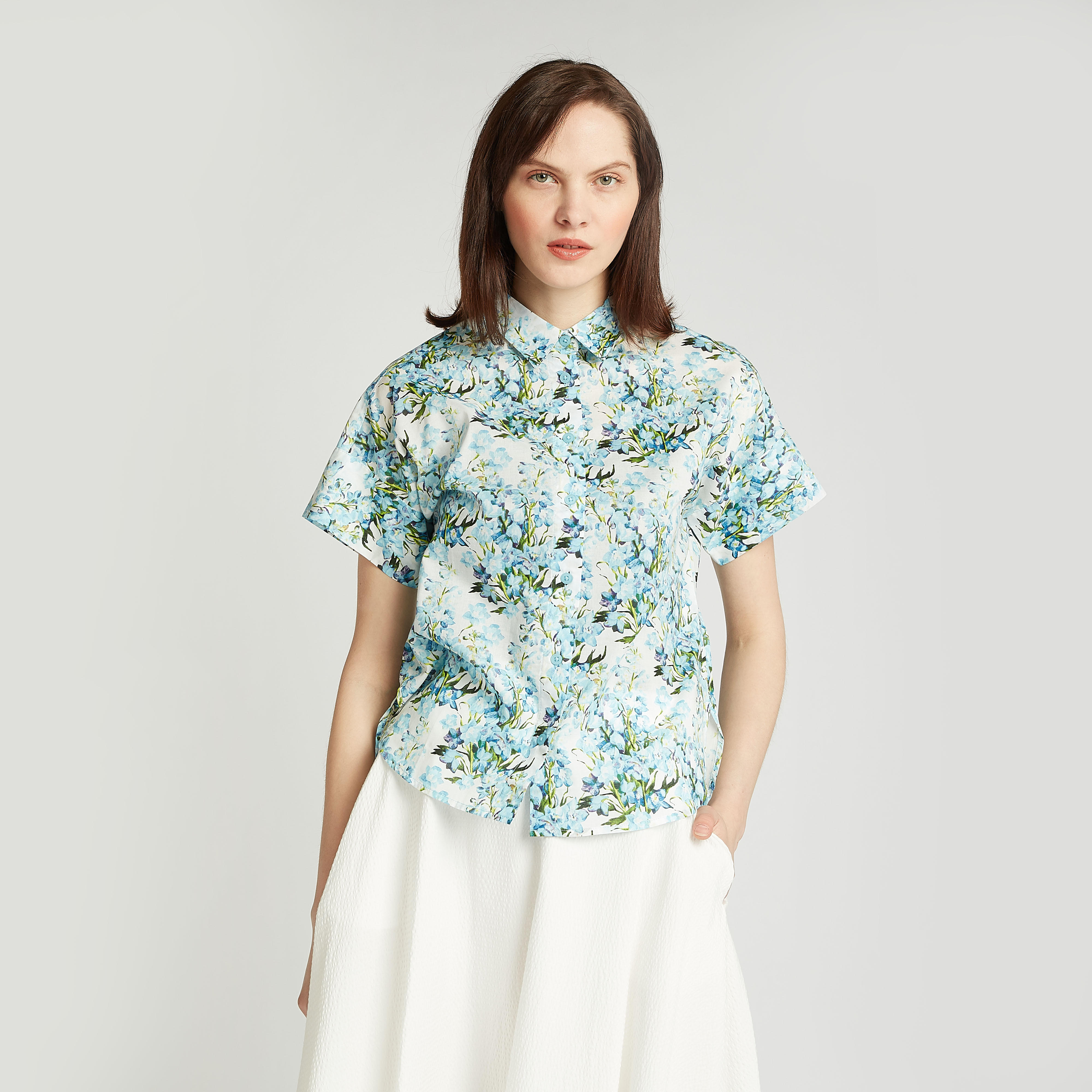 Slim Fit Printed Shirt with Spread Collar and Short Sleeves-women-clothing-shirtsandblouses-shirts-image-1