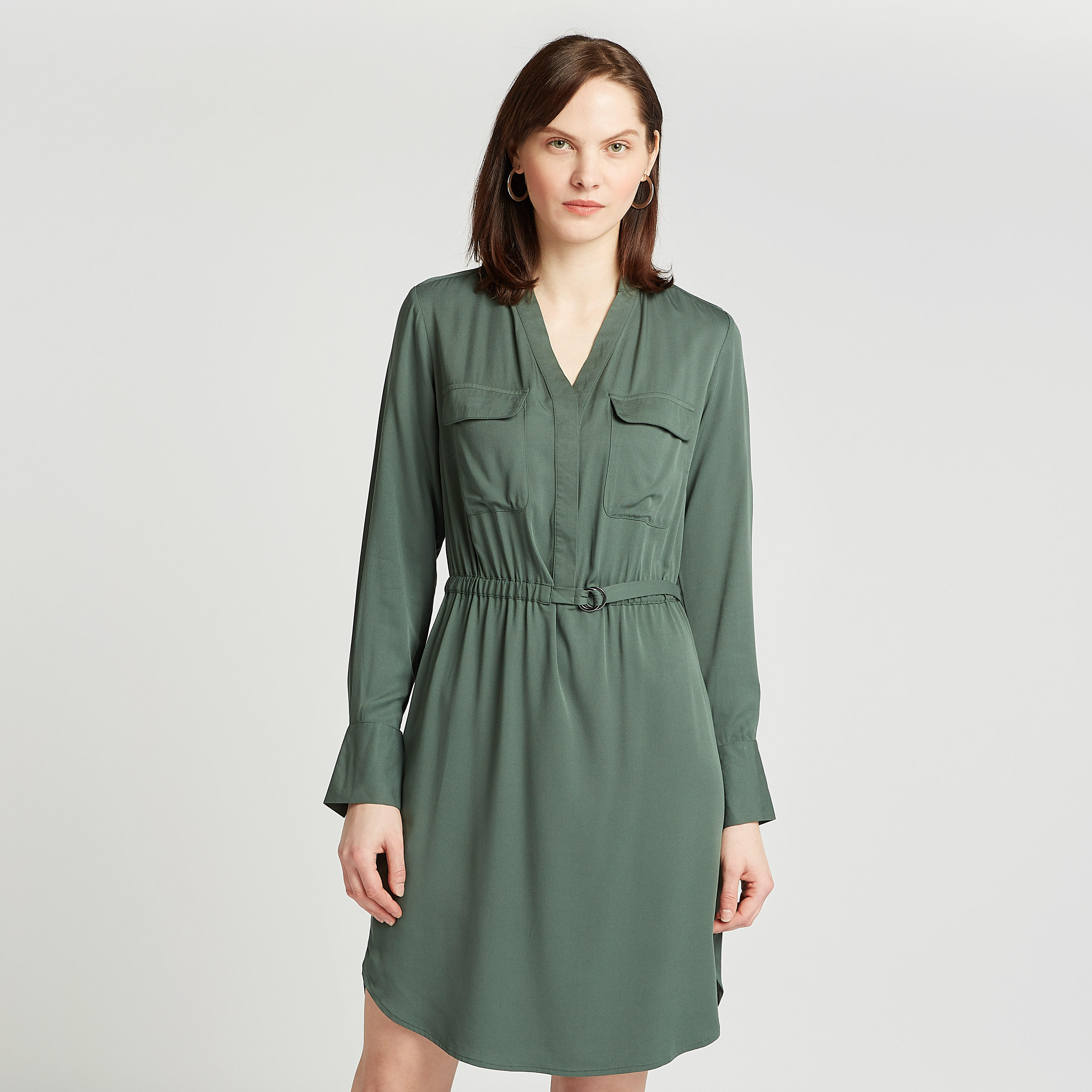 Solid A-line Midi Dress with V-neck and Flap Pockets-women-clothing-dresses-image-1