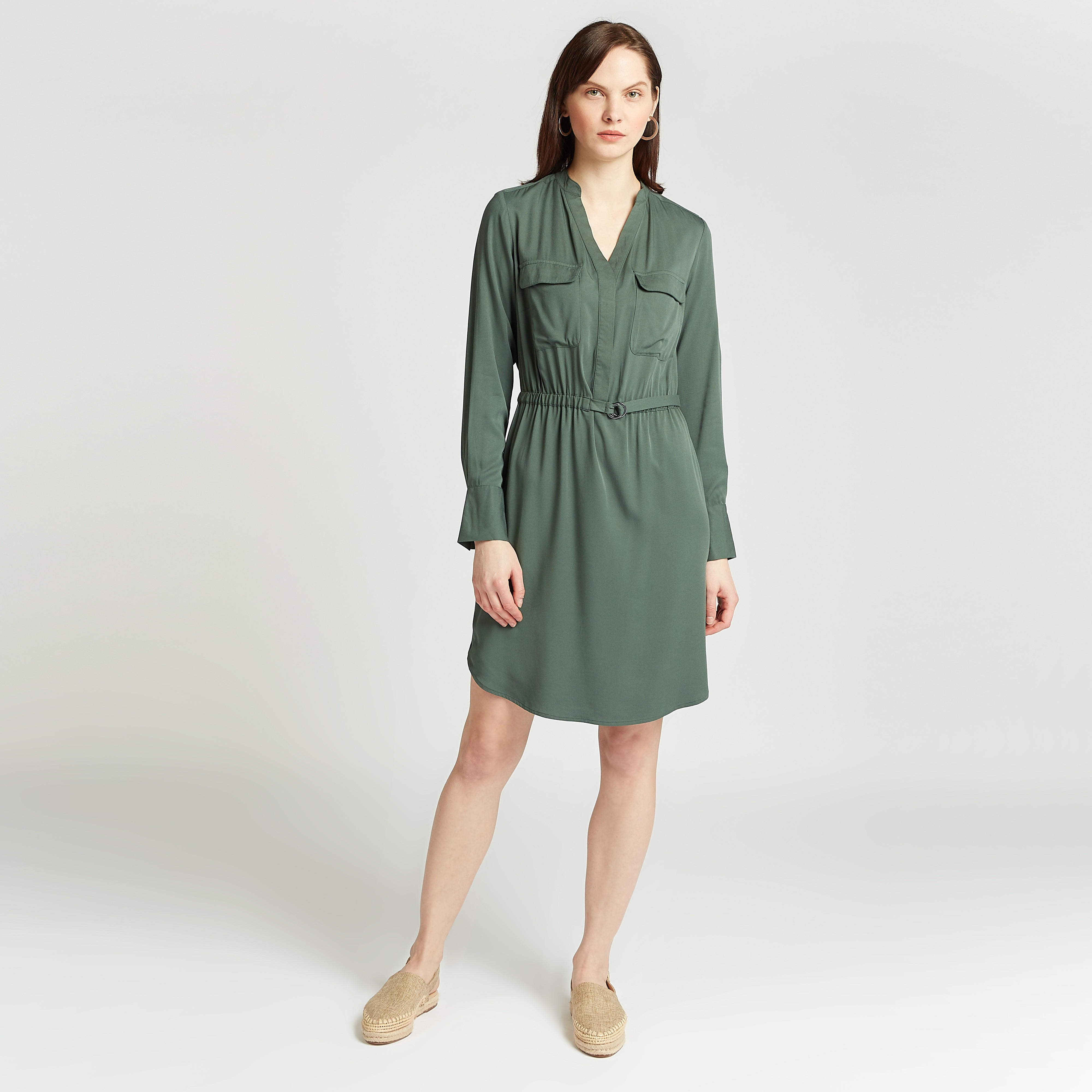 Solid A-line Midi Dress with V-neck and Flap Pockets-women-clothing-dresses-image-2