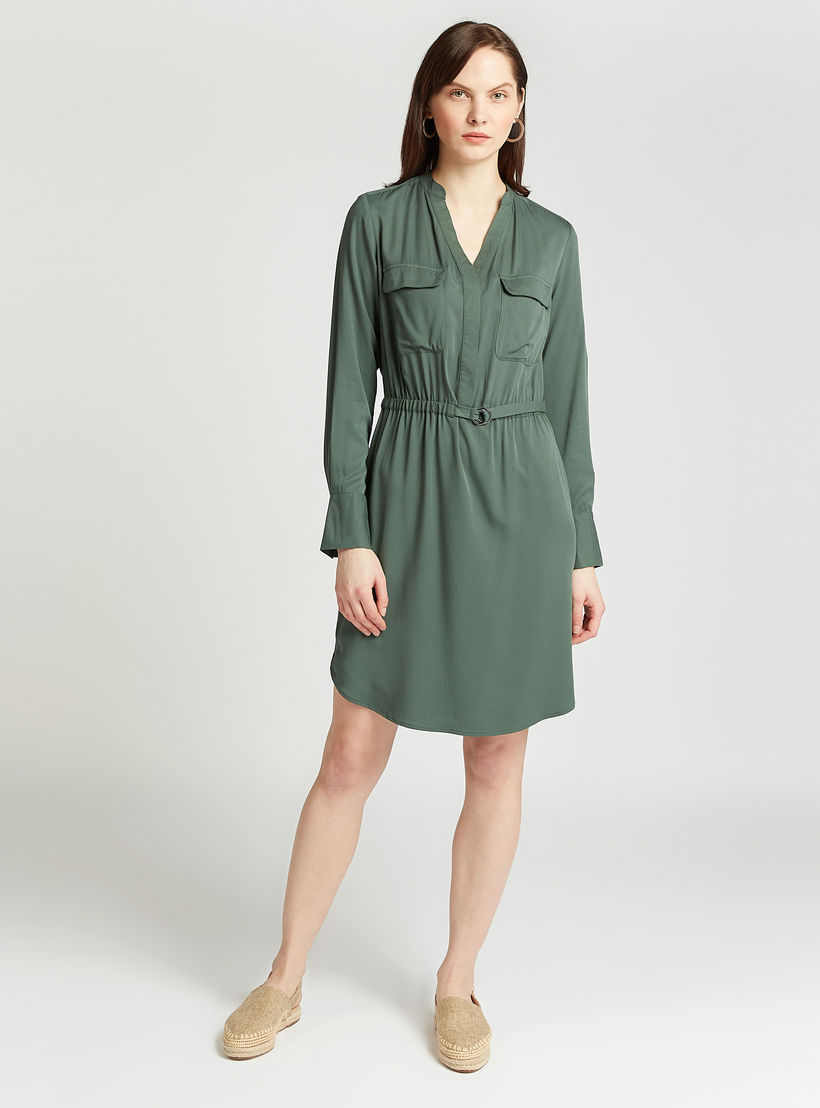 Solid A-line Midi Dress with V-neck and Flap Pockets-women-clothing-dresses-image-2
