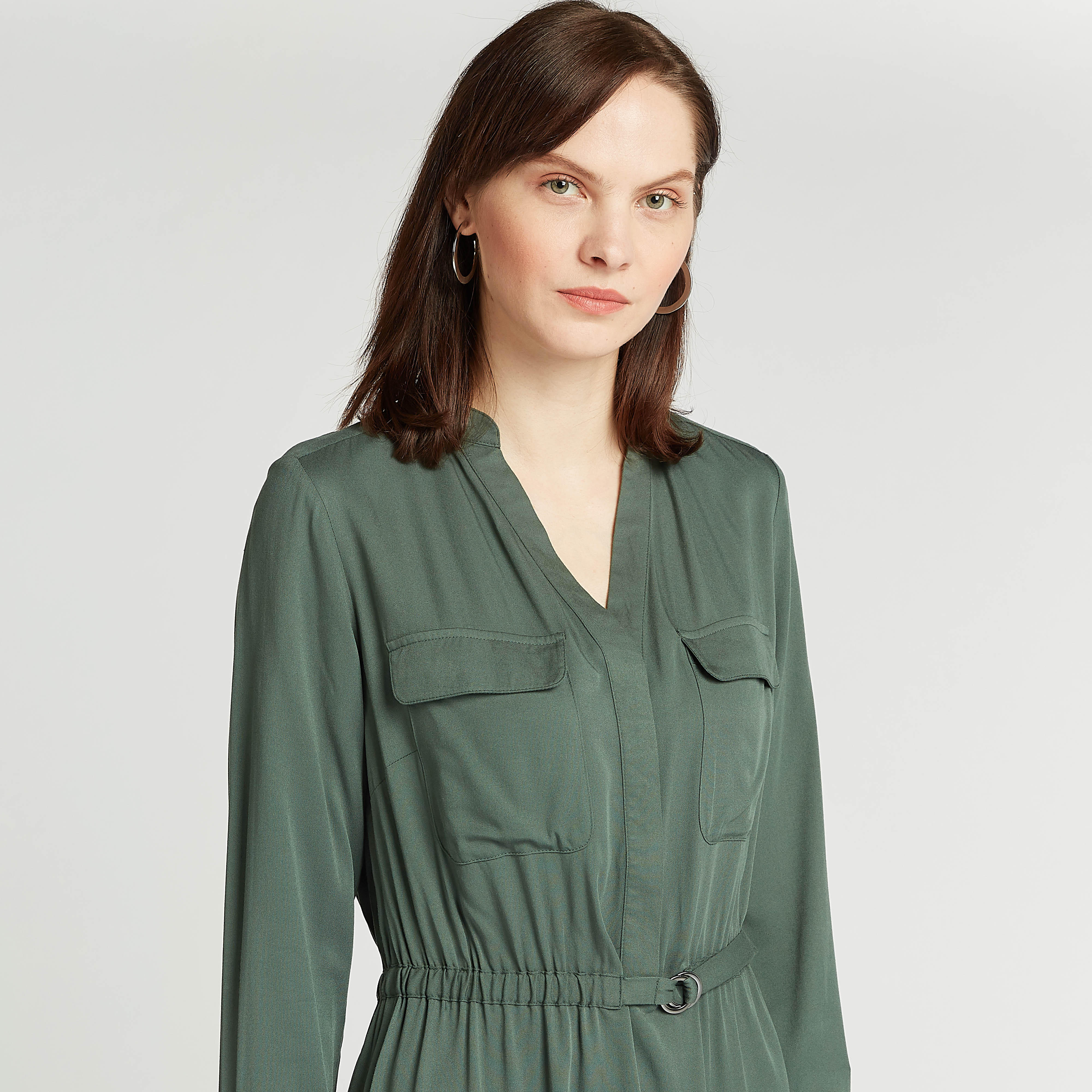 Solid A-line Midi Dress with V-neck and Flap Pockets-women-clothing-dresses-image-3