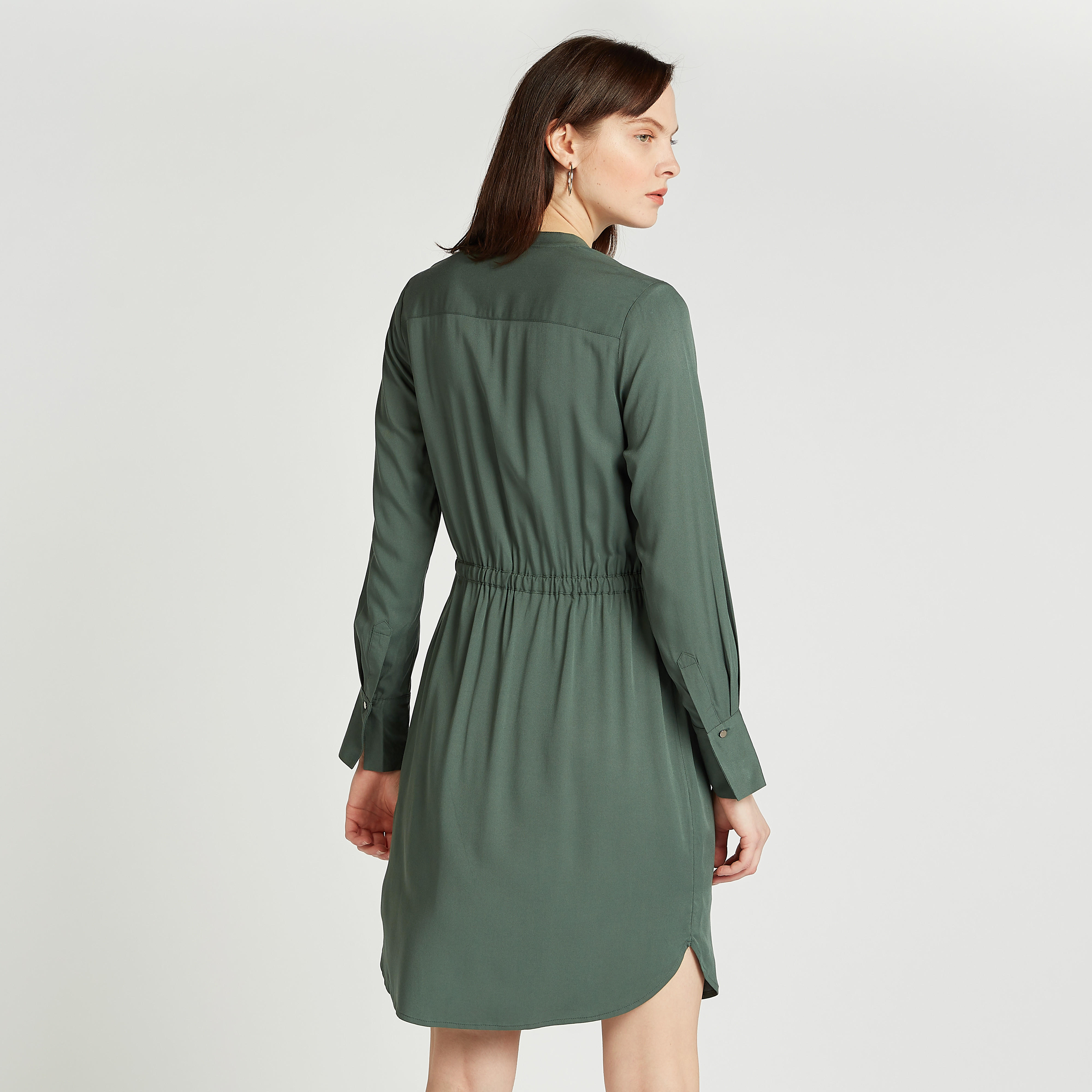 Solid A-line Midi Dress with V-neck and Flap Pockets-women-clothing-dresses-image-4