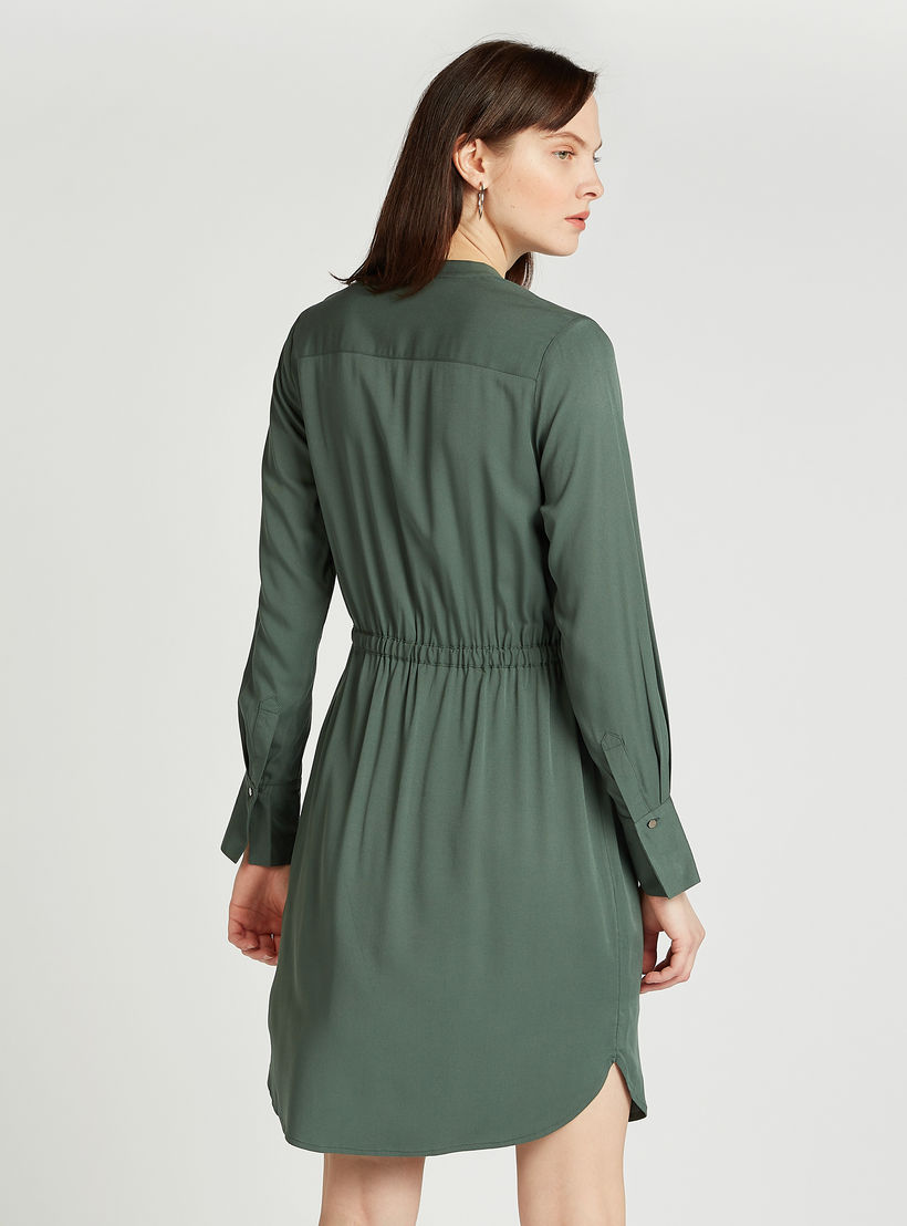 Solid A-line Midi Dress with V-neck and Flap Pockets-women-clothing-dresses-image-4