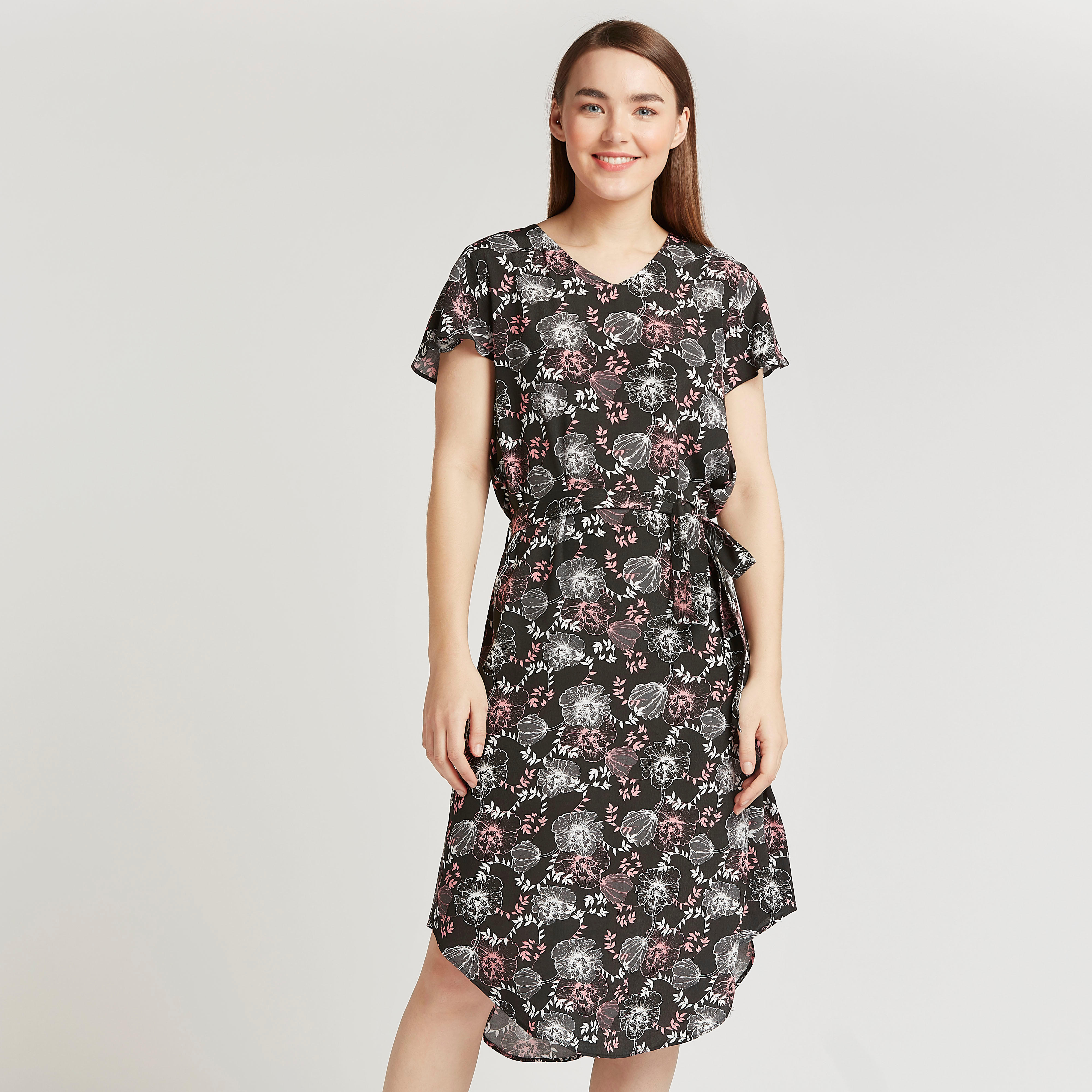 فستان إيه لاين ميدي بطبعات مع ياقة V وأربطة-women-clothing-dresses-image-1