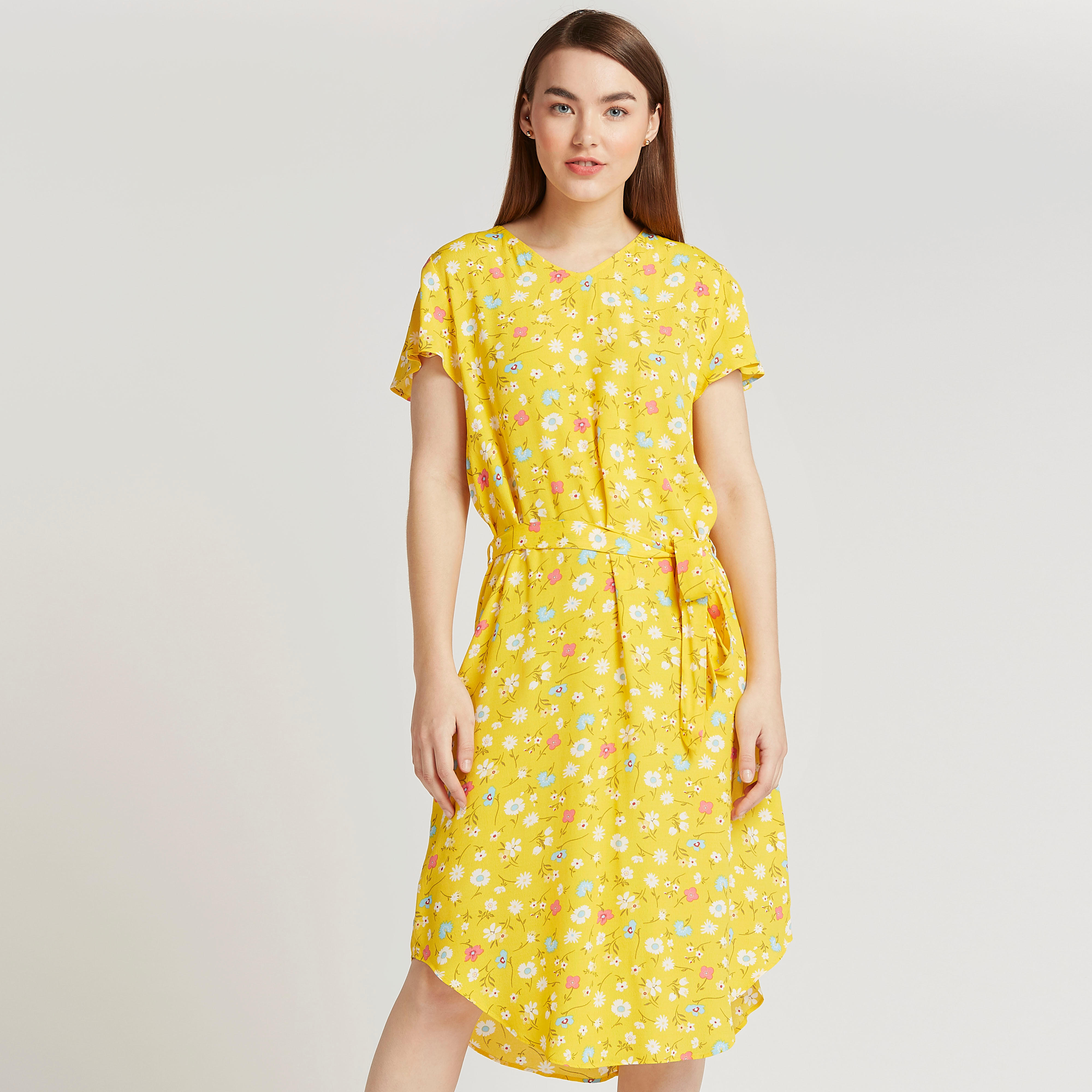 فستان ميدي ايه لاين بياقة V وطبعات زهرية وحواف غير مستوية-women-clothing-dresses-image-1