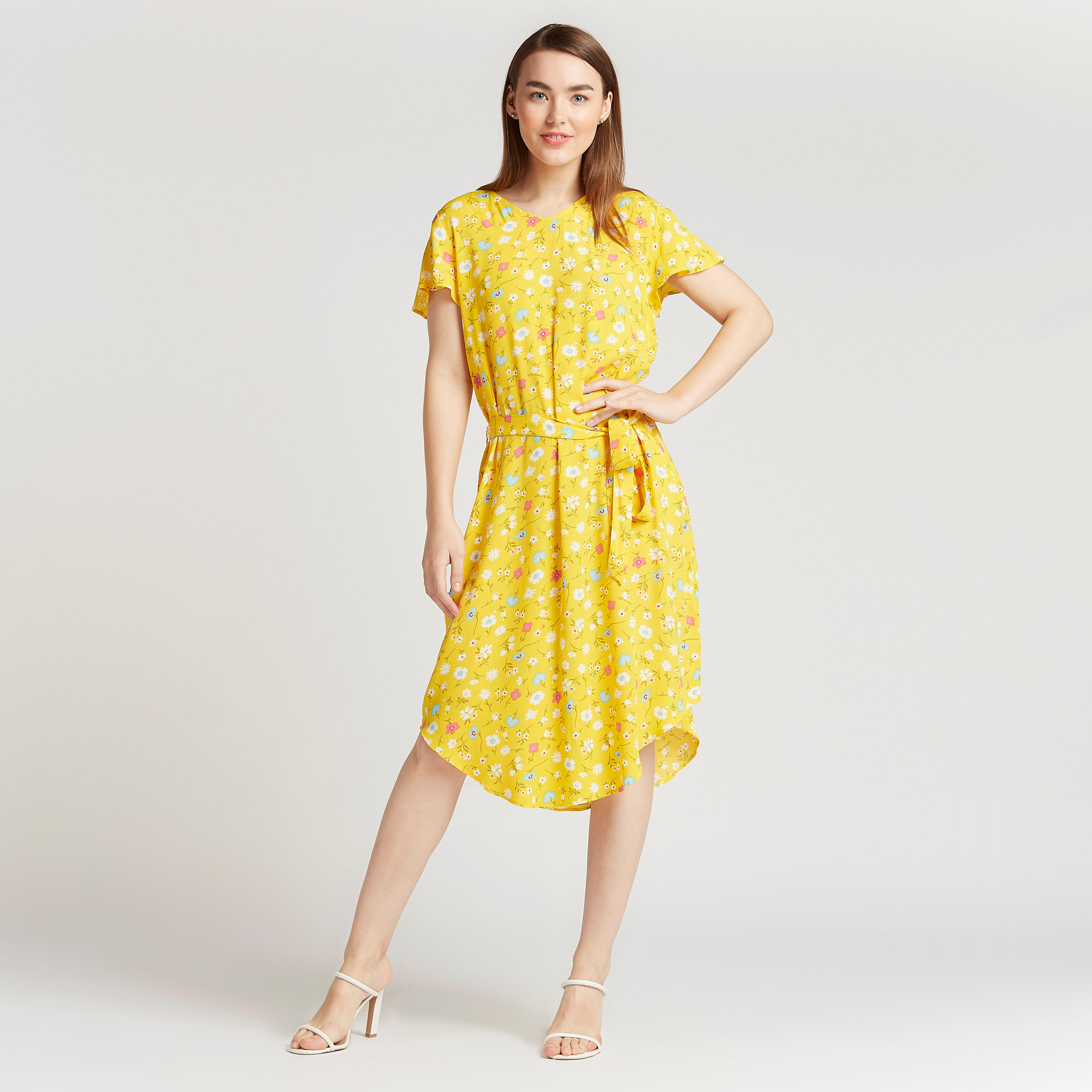 فستان ميدي ايه لاين بياقة V وطبعات زهرية وحواف غير مستوية-women-clothing-dresses-image-2