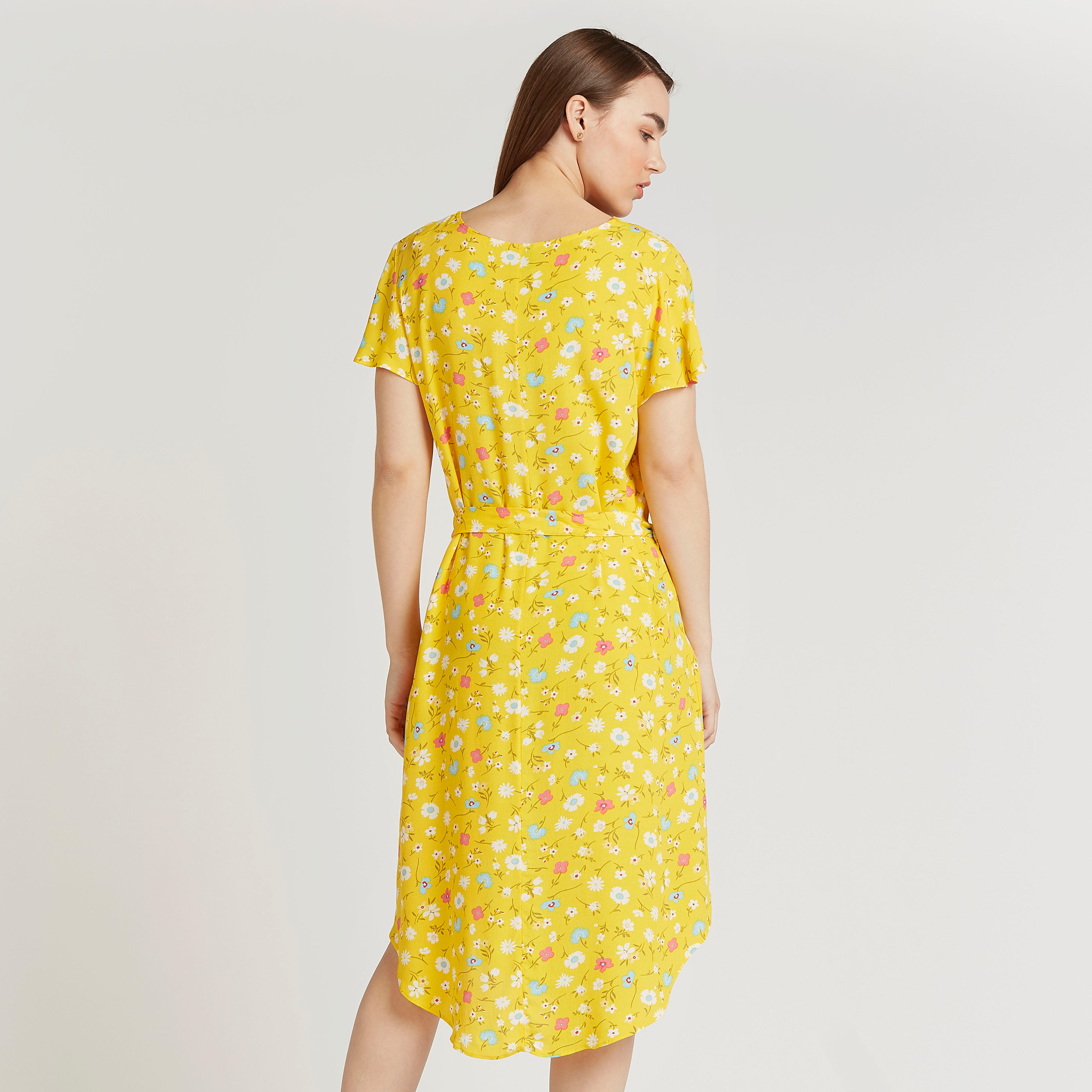 فستان ميدي ايه لاين بياقة V وطبعات زهرية وحواف غير مستوية-women-clothing-dresses-image-3