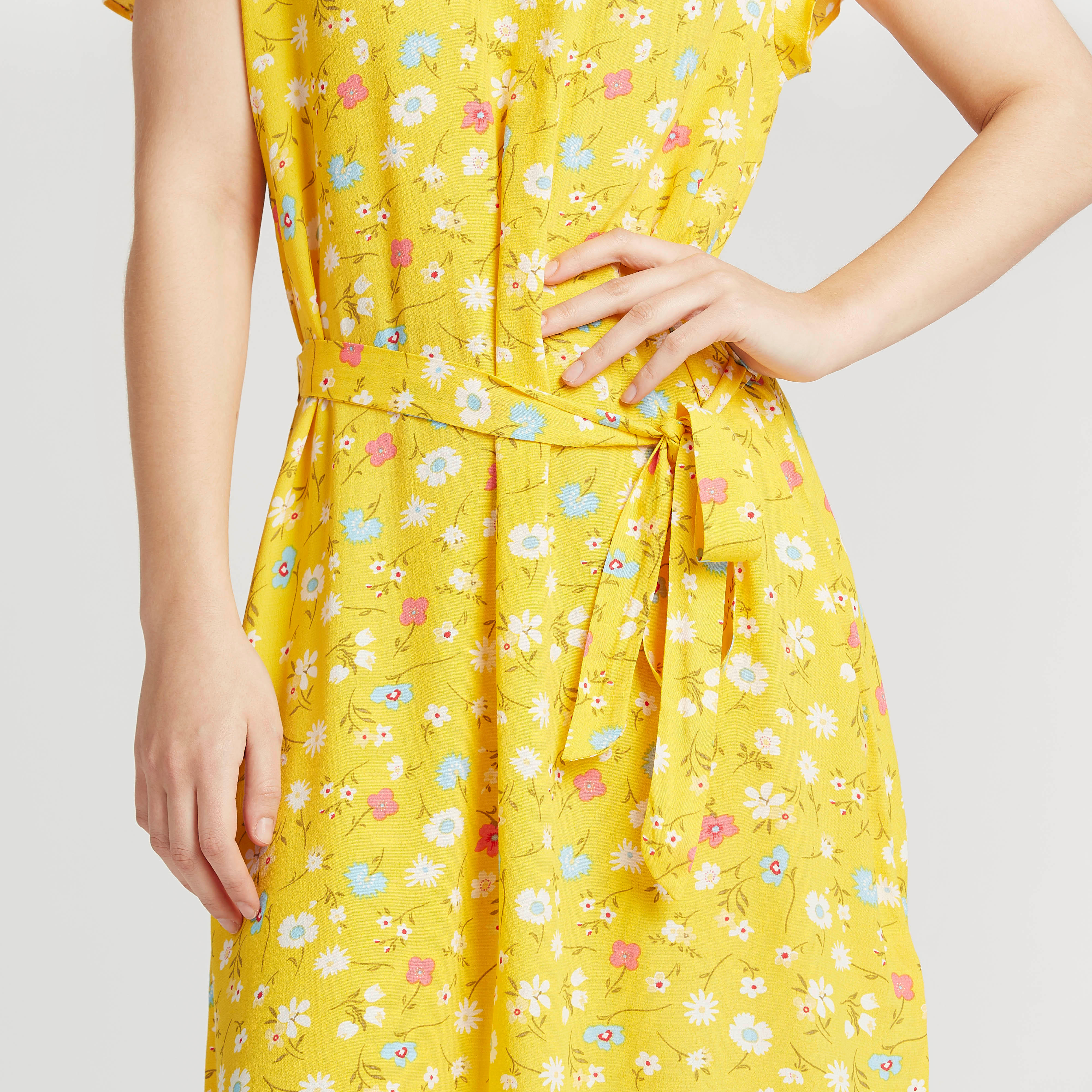 فستان ميدي ايه لاين بياقة V وطبعات زهرية وحواف غير مستوية-women-clothing-dresses-image-4