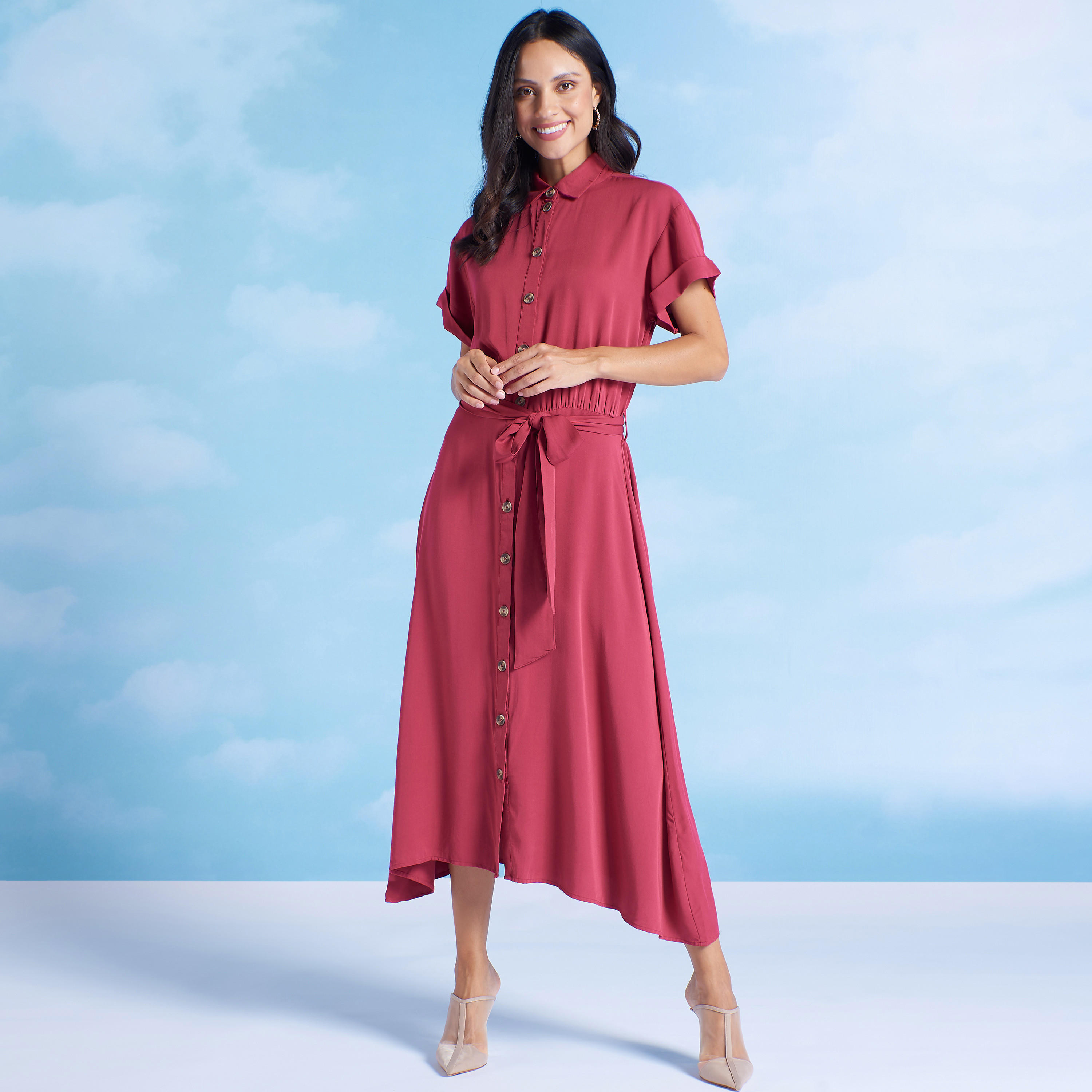 فستان قميص سادة ميدي بأكمام قصيرة ورباط-women-clothing-dresses-image-1