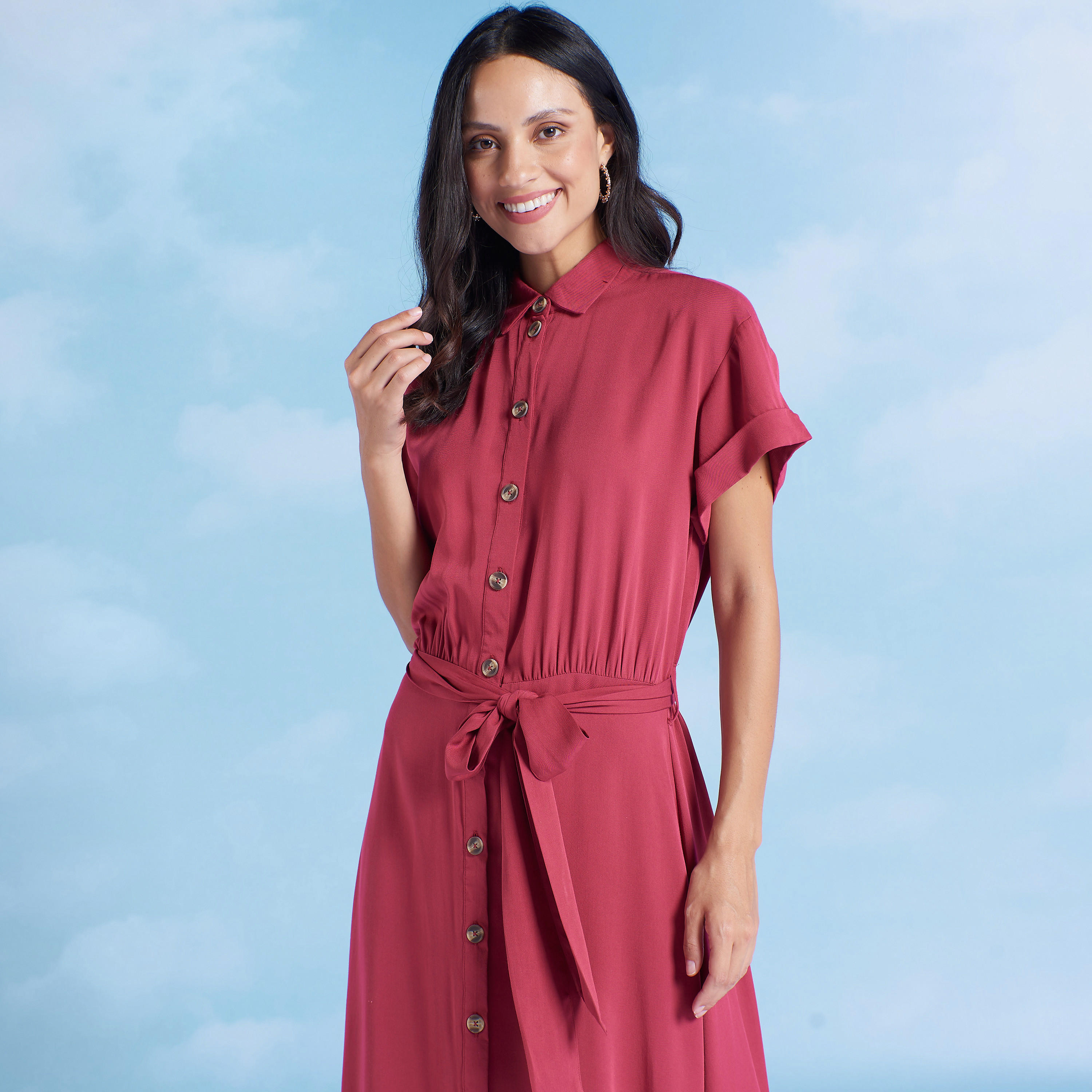 فستان قميص سادة ميدي بأكمام قصيرة ورباط-women-clothing-dresses-image-2