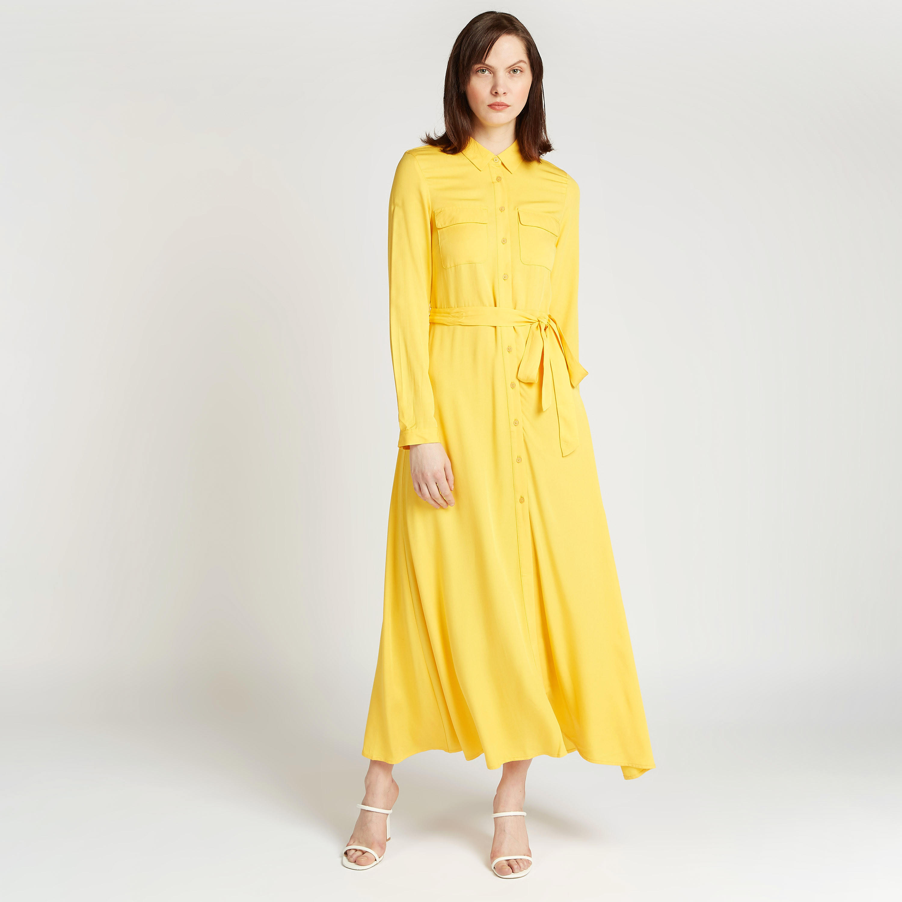 فستان قميص سادة طويل بأكمام طويلة وأربطة-women-clothing-dresses-image-4