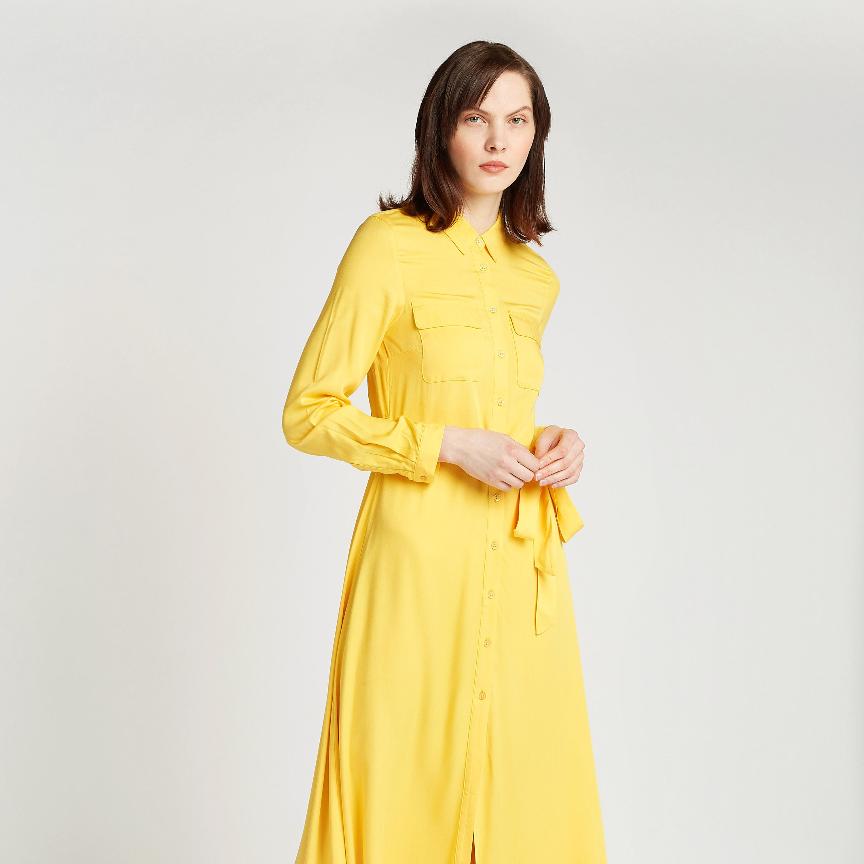 فستان قميص سادة طويل بأكمام طويلة وأربطة-women-clothing-dresses-image-3