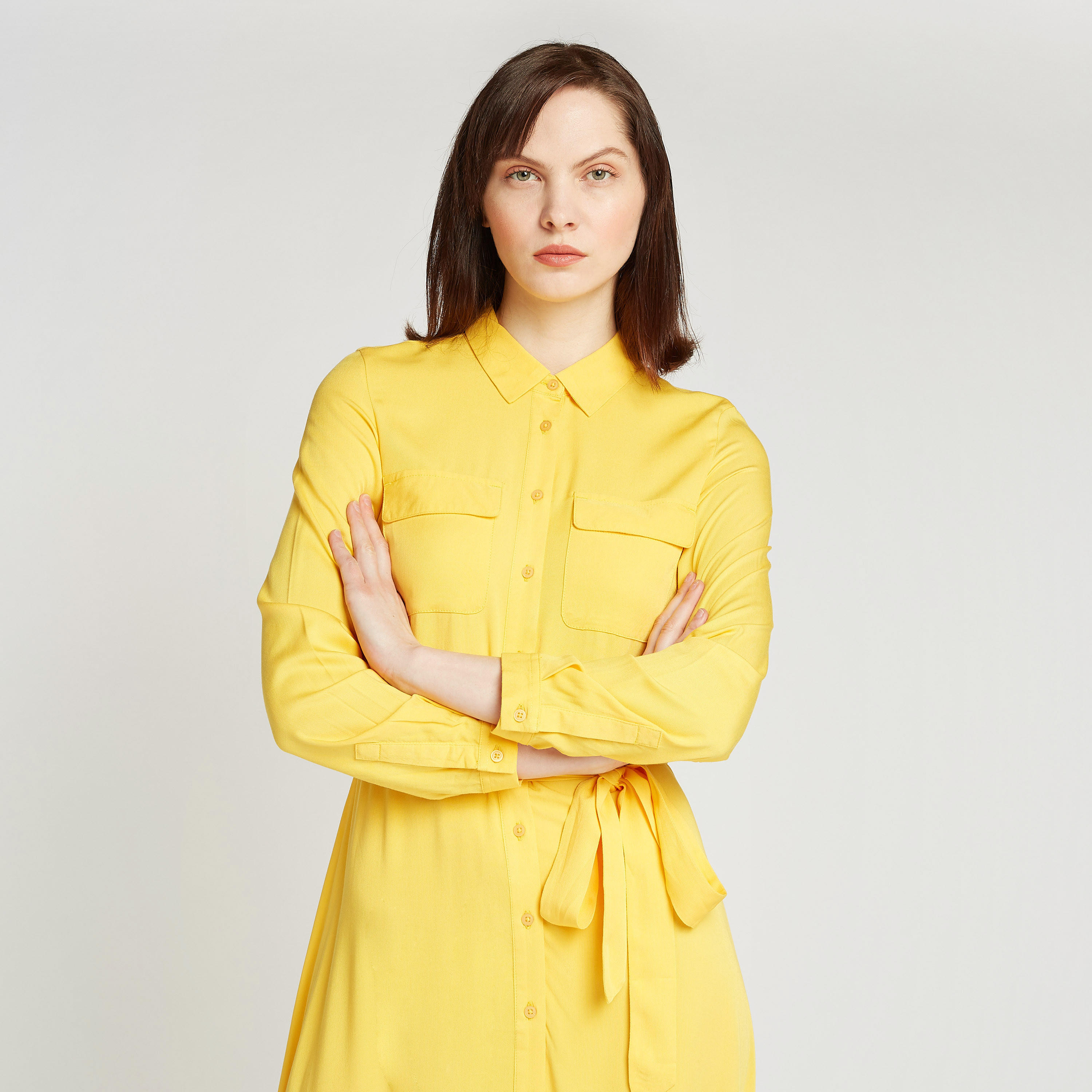 فستان قميص سادة طويل بأكمام طويلة وأربطة-women-clothing-dresses-image-2