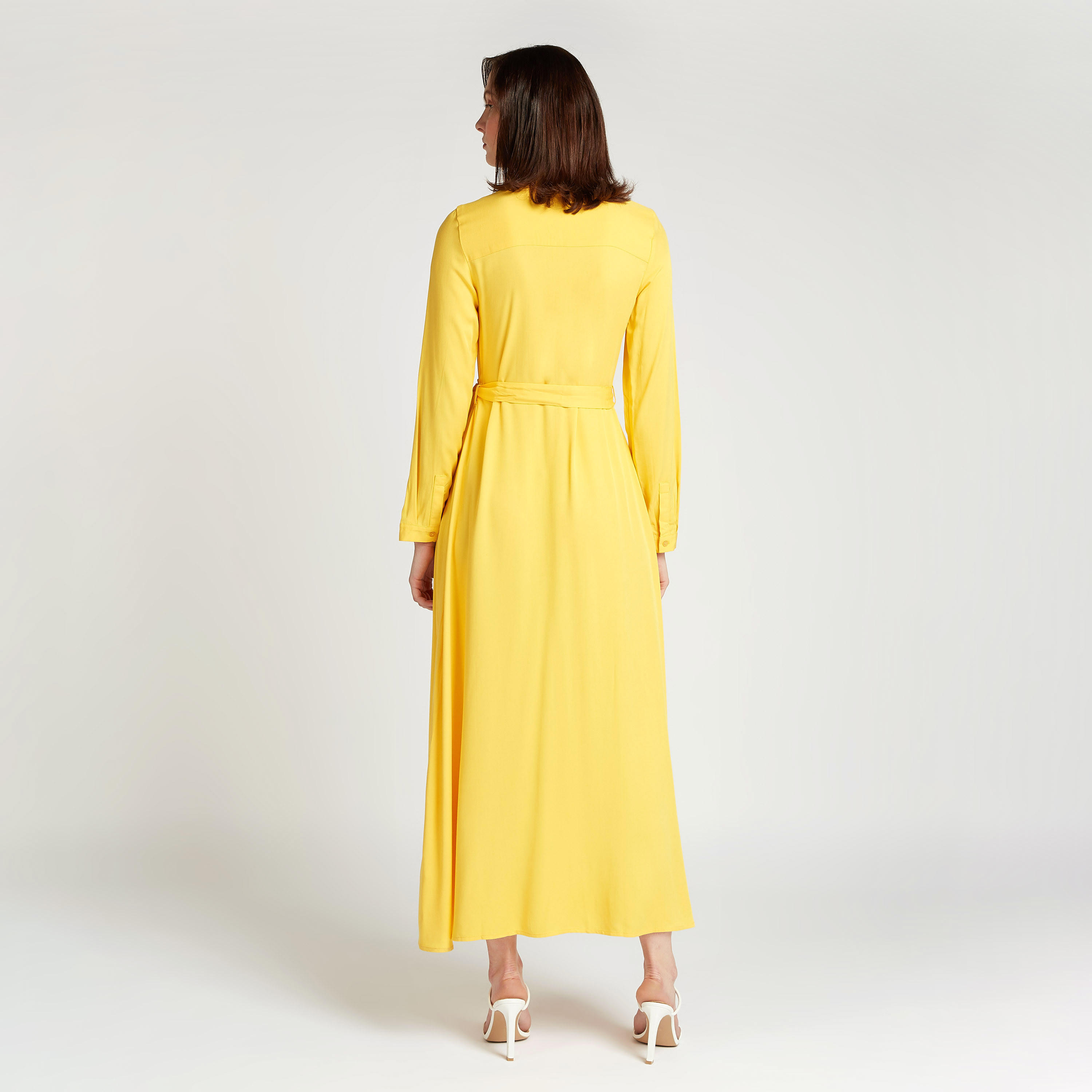 فستان قميص سادة طويل بأكمام طويلة وأربطة-women-clothing-dresses-image-1