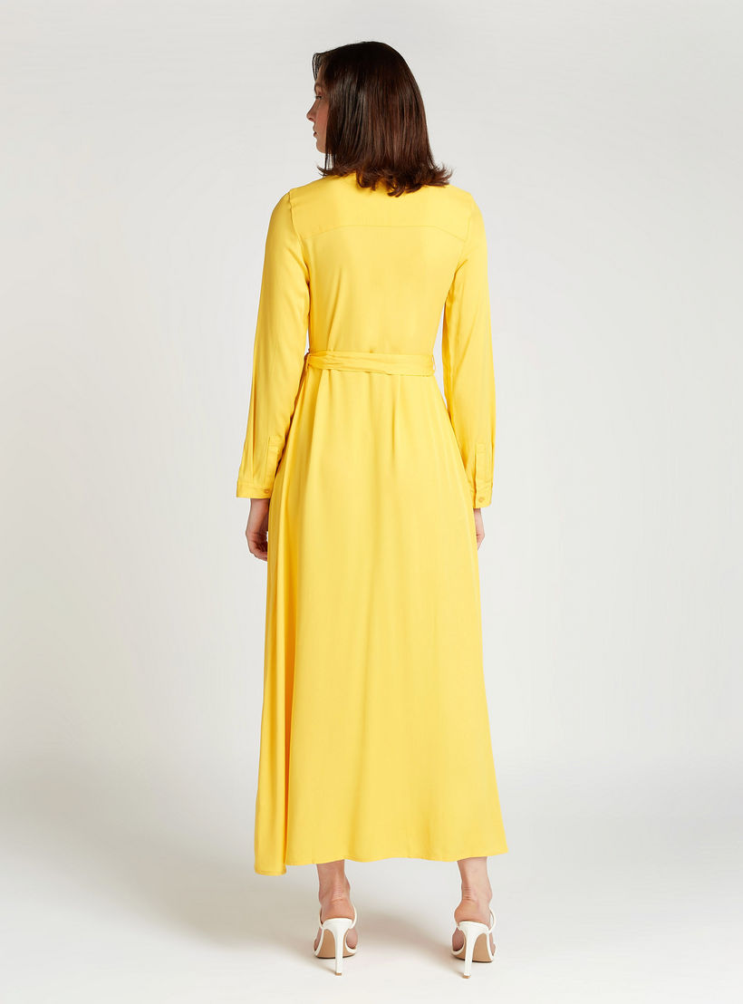 فستان قميص سادة طويل بأكمام طويلة وأربطة-women-clothing-dresses-image-1