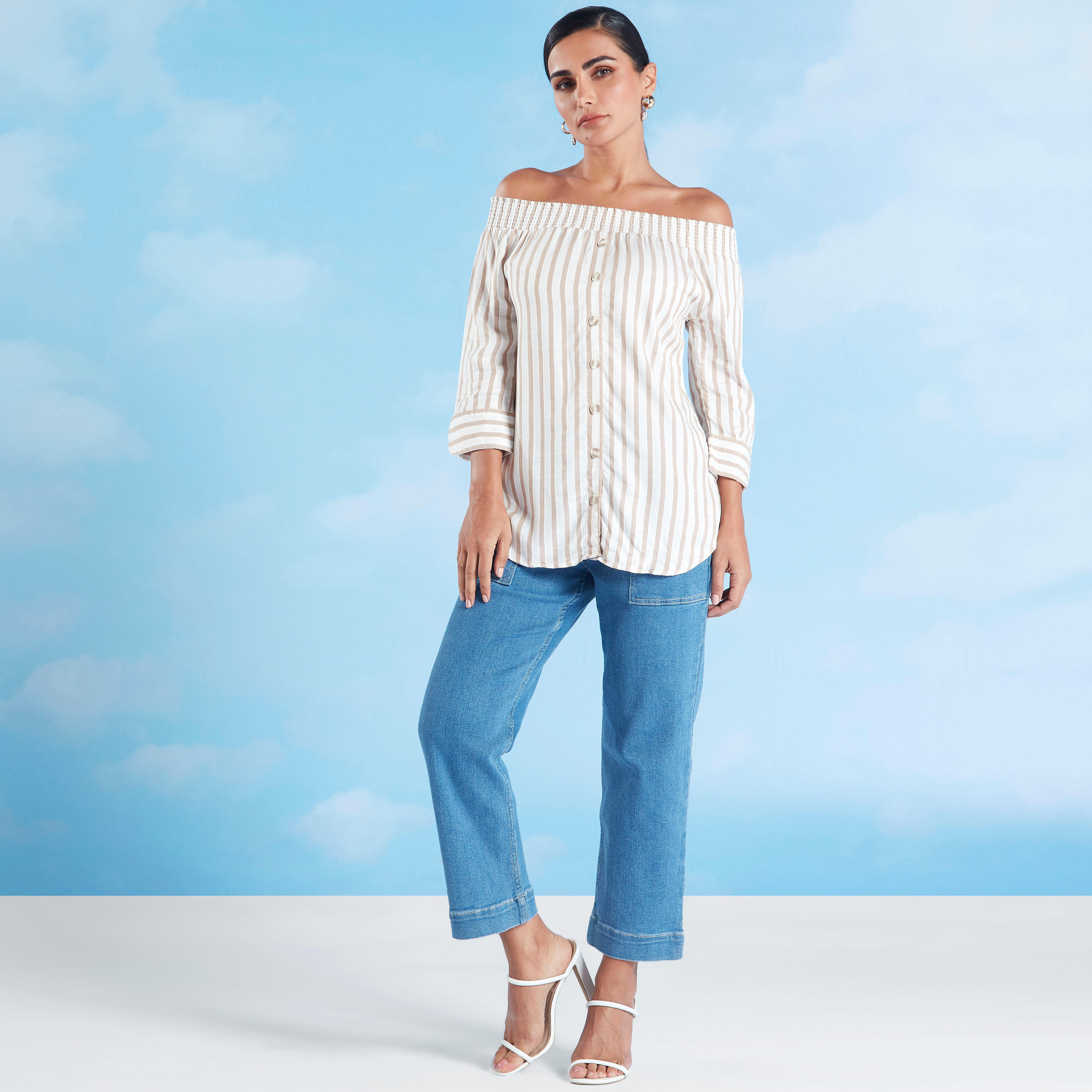 بلوزة سليم فيت مقلّمة بأكتاف مكشوفة وأكمام 3/4-women-clothing-shirtsandblouses-blouses-image-2