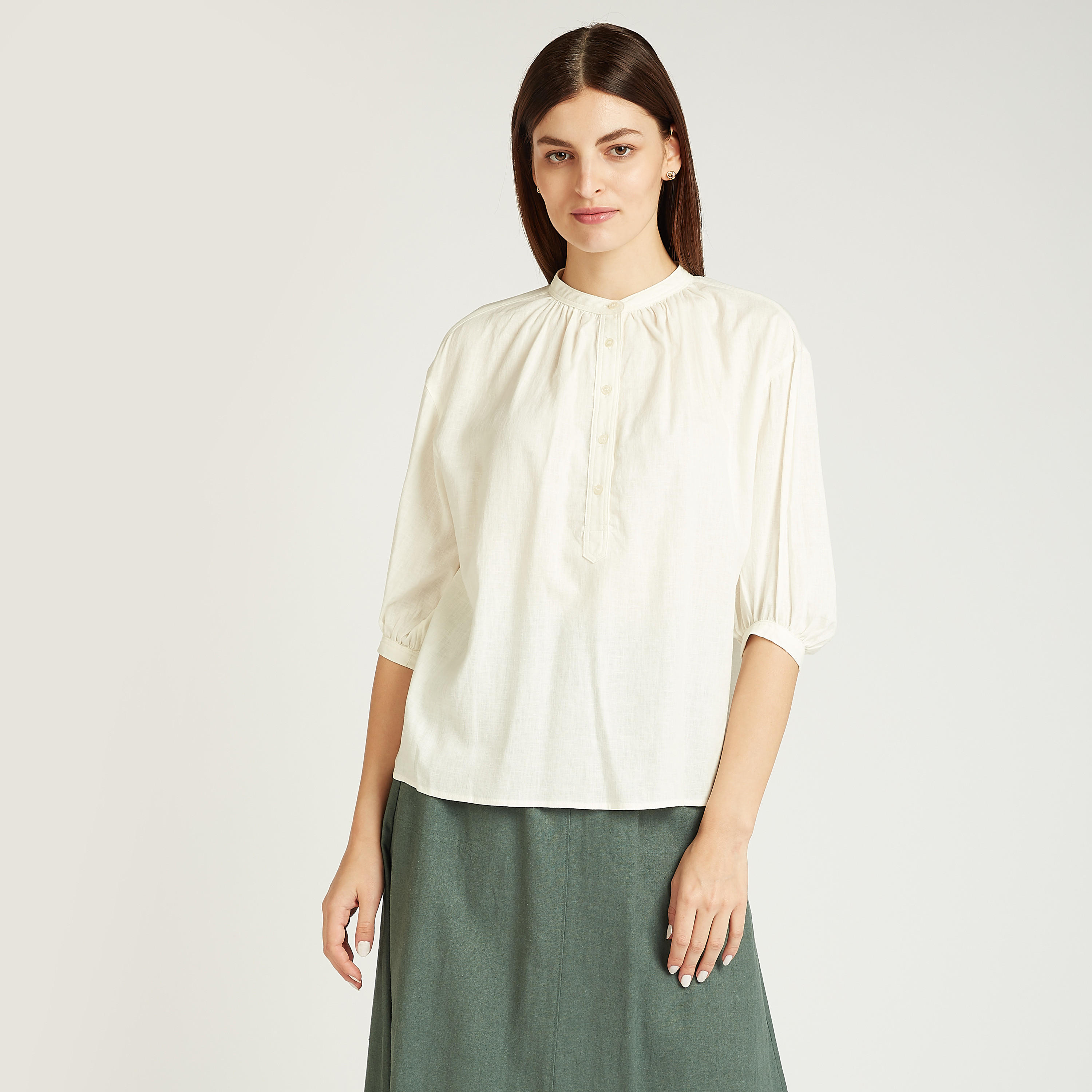 Slim Fit Solid Top with Mandarin Collar and 3/4 Sleeves-women-clothing-shirtsandblouses-blouses-image-1