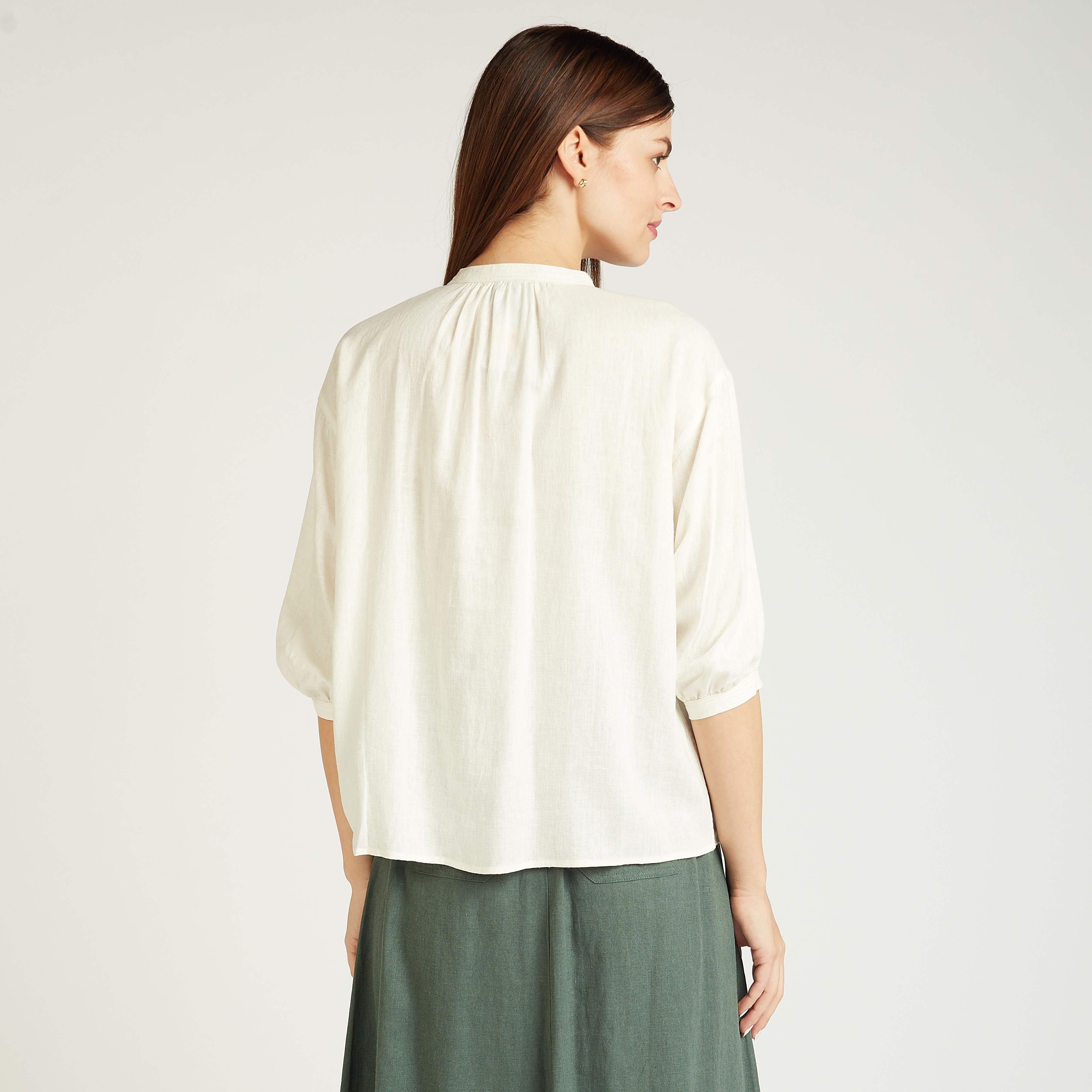 Slim Fit Solid Top with Mandarin Collar and 3/4 Sleeves-women-clothing-shirtsandblouses-blouses-image-4