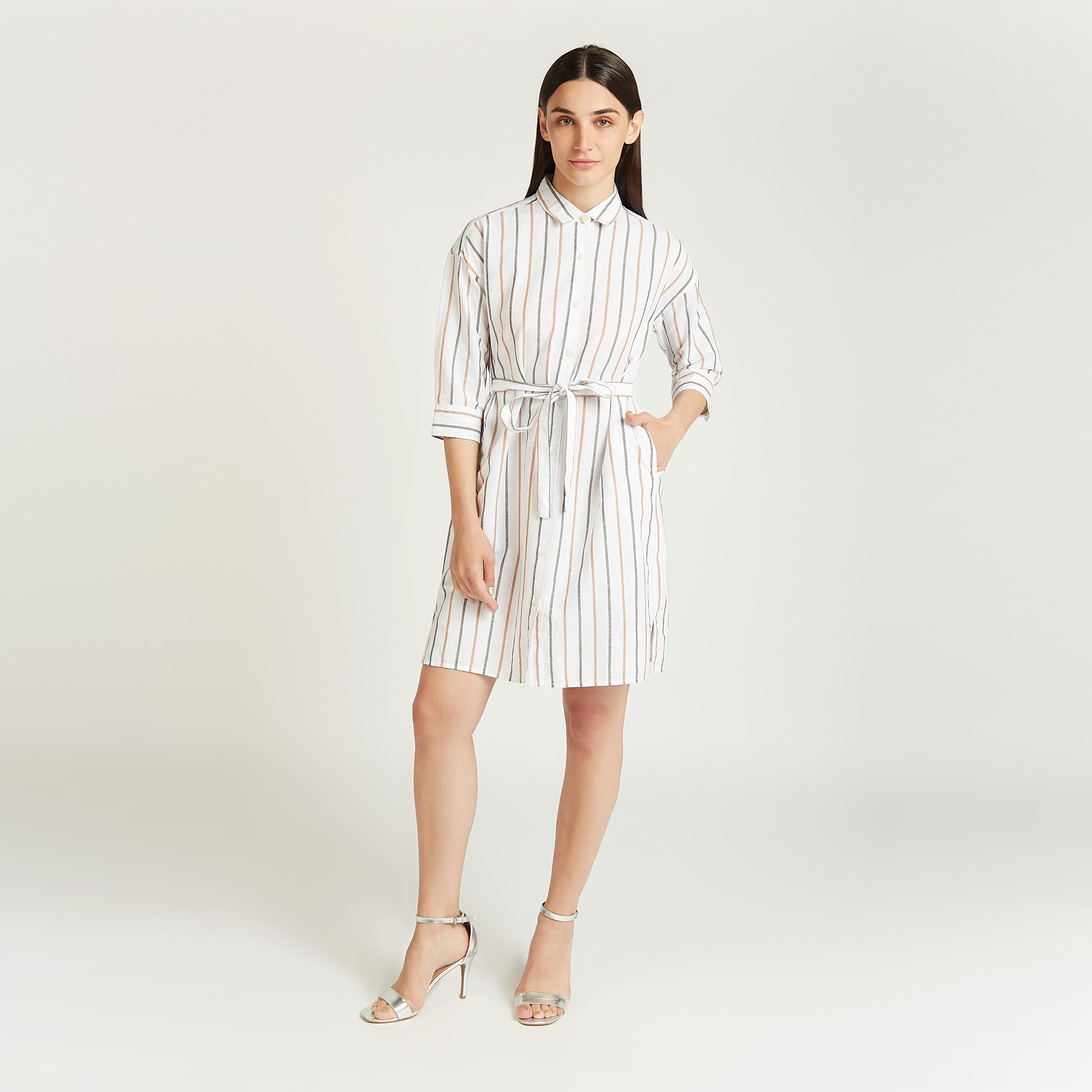 فستان قميص قصير مخطط بقصة سليم بجيوب واربطة-women-clothing-dresses-image-1