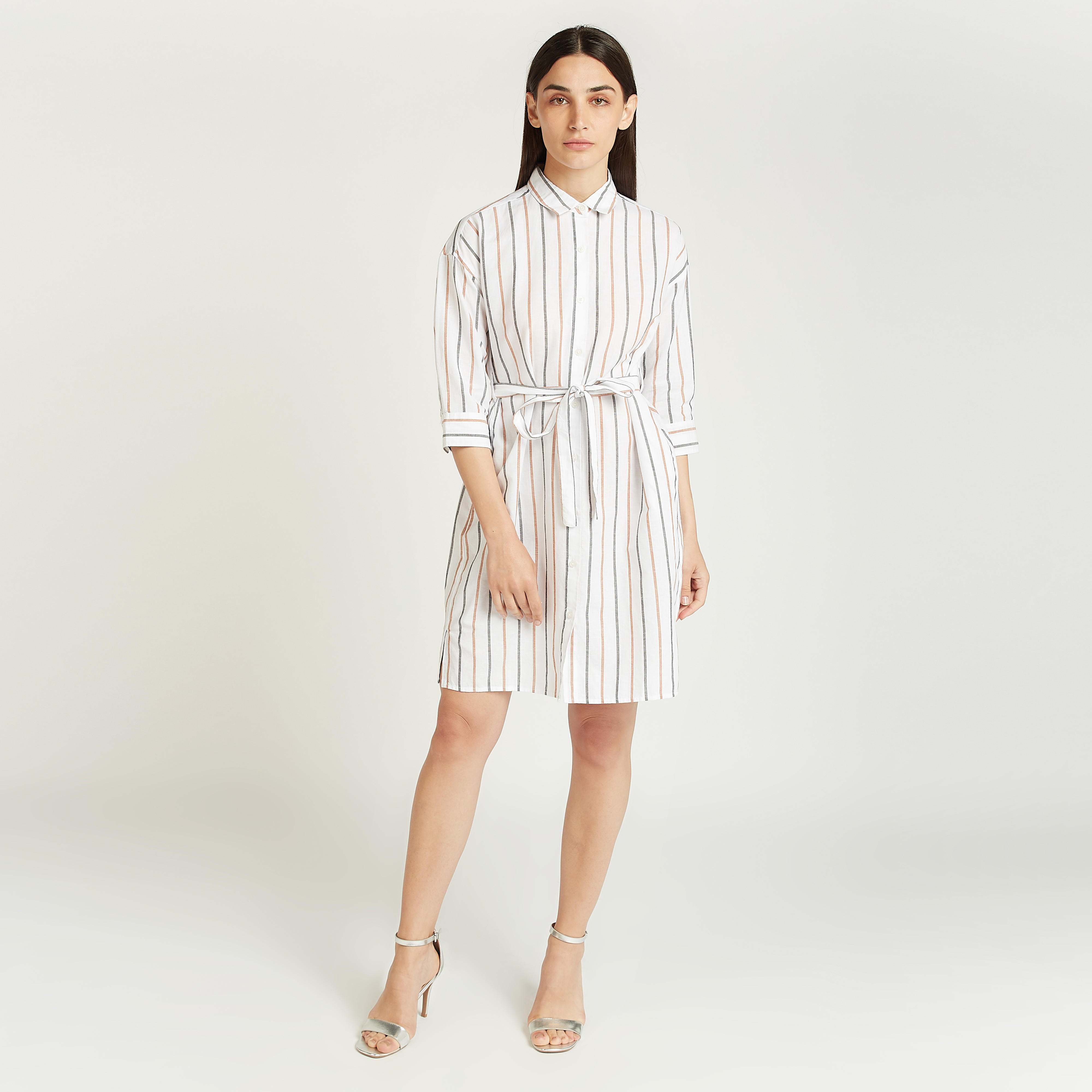فستان قميص قصير مخطط بقصة سليم بجيوب واربطة-women-clothing-dresses-image-2